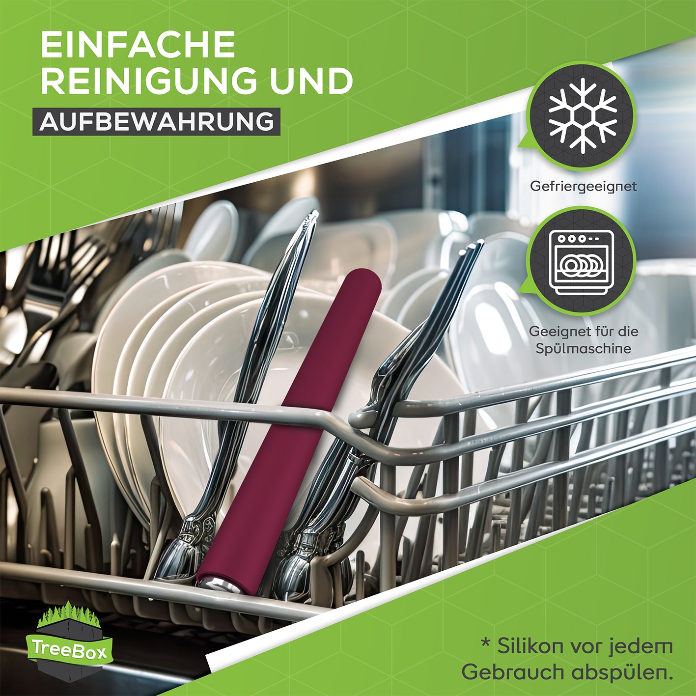Teigroller aus Silikon - Lila im Besteckfach eines Geschirrspülers zur einfachen Reinigung und Aufbewahrung.