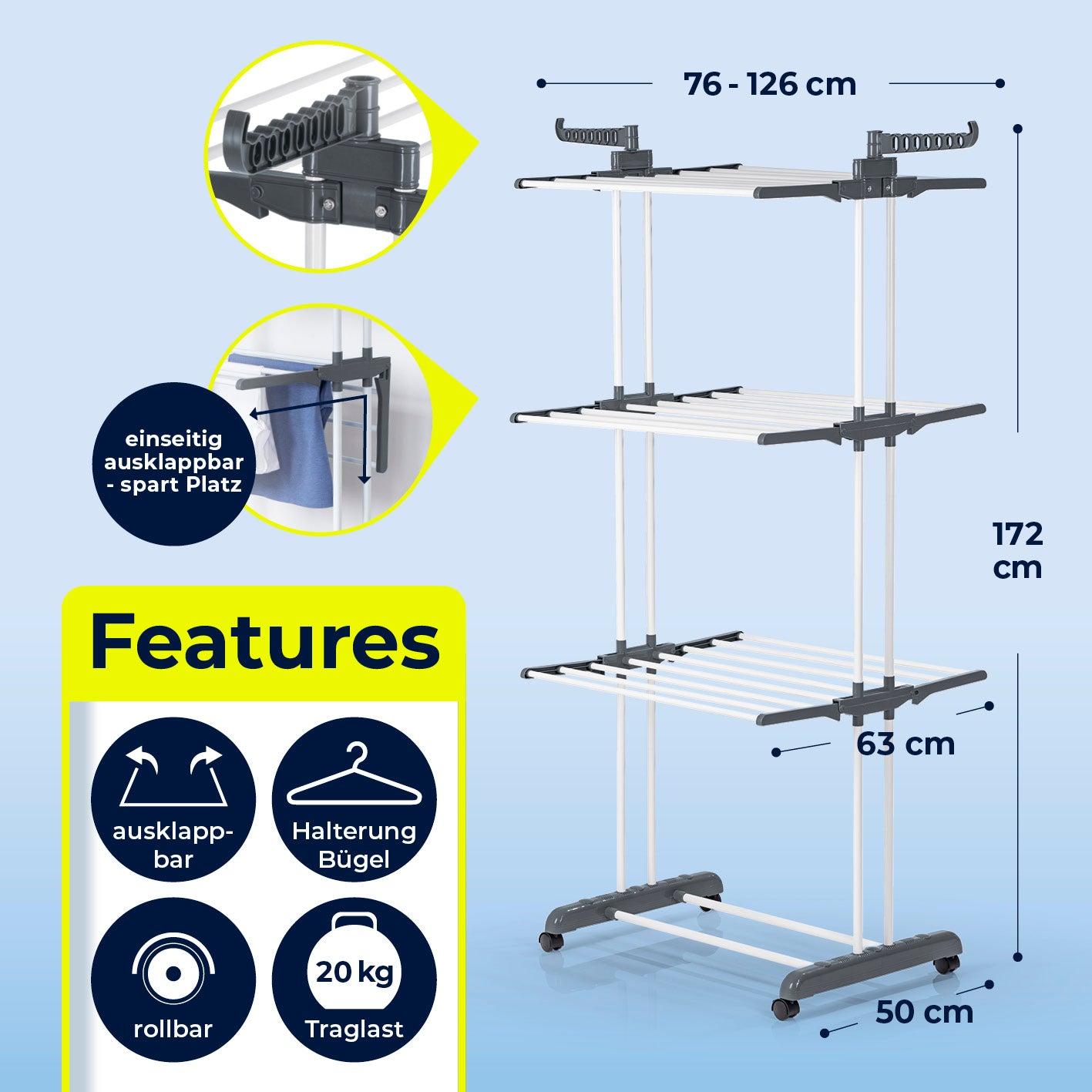 Wäsche-Tower 1600 - Grau, platzsparend ausklappbar, 172 cm hoch, 3 Ebenen, 16 m Trockenlänge, rollbar, für 14 Bügel geeignet.