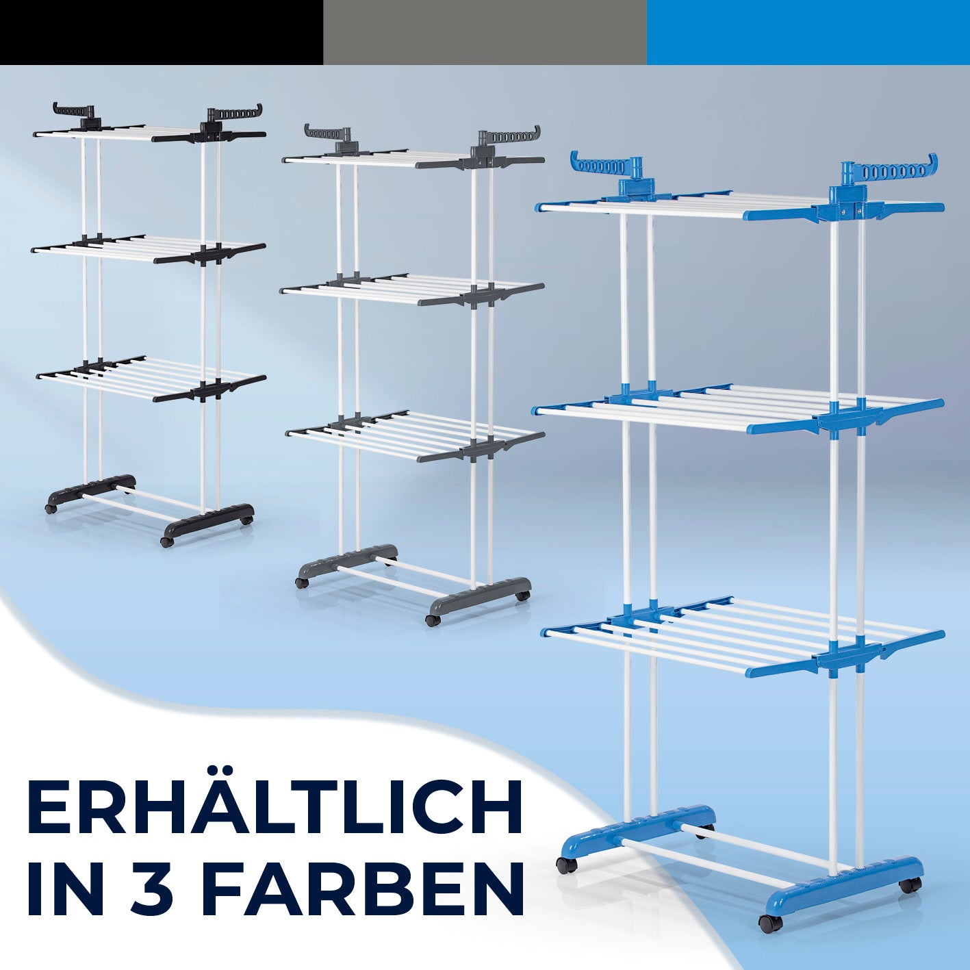 Wäsche-Tower 1600 - Grau mit 3 Ebenen, 2 Flügeln, 16 m Trockenlänge, klappbar, für innen und außen geeignet.