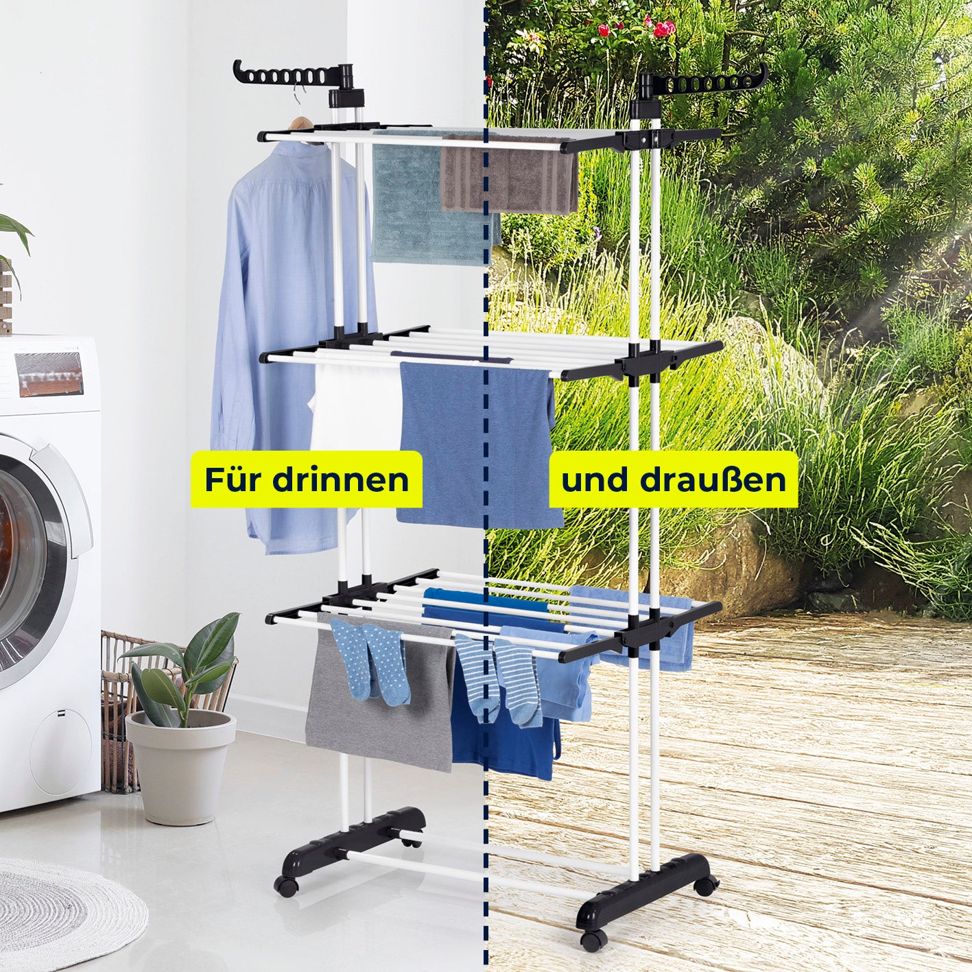 Wäsche-Tower 1600 - Schwarz zum Trocknen von Kleidung innen und außen, klappbar mit drei Ebenen und Seitenflügeln.