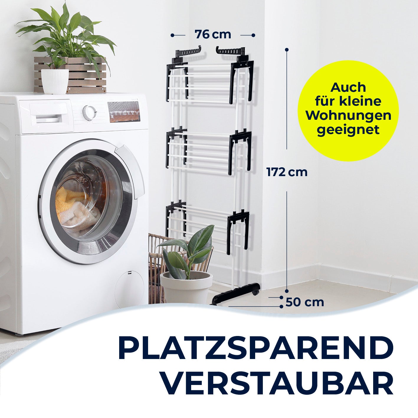 Wäsche-Tower 1600 - Schwarz, platzsparend zusammenklappbar, ideal für kleine Wohnungen, Maße 172 x 76 x 50 cm.