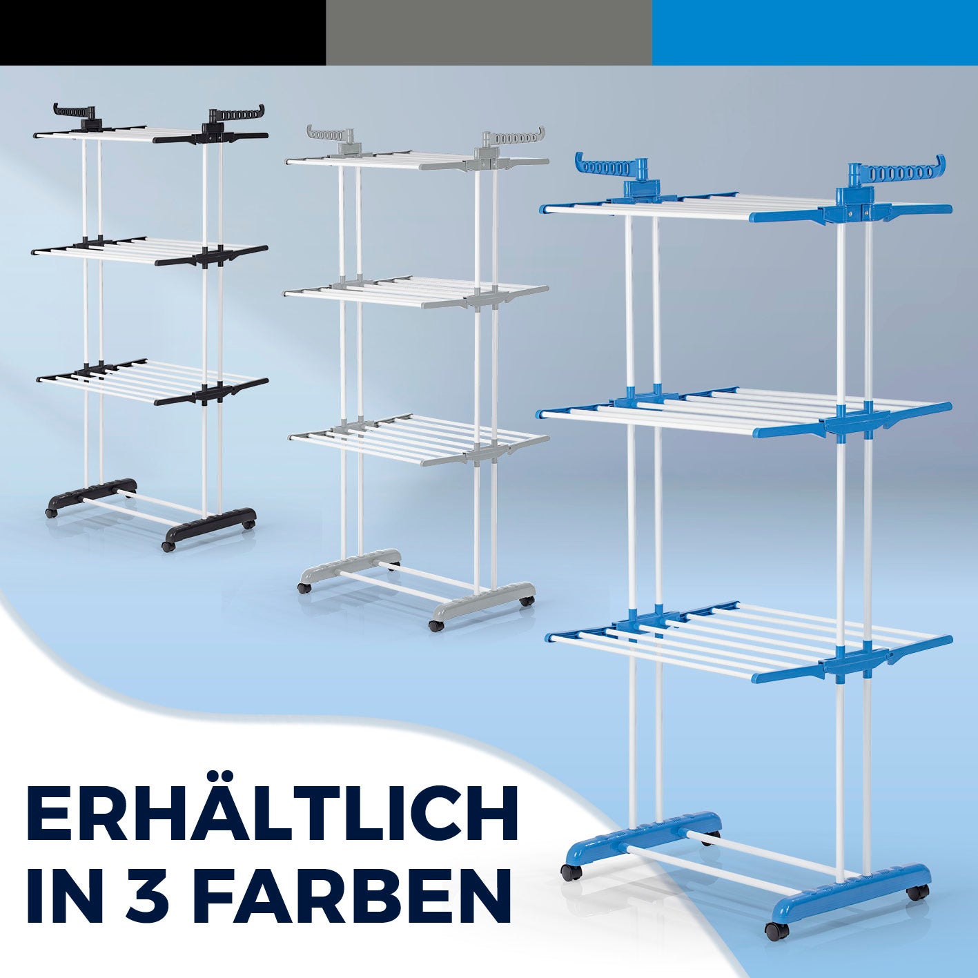 Wäsche-Tower 1600 - Schwarz Wäschetrockner dreistufig klappbar mit Rollen und 14 Bügeln, erhältlich in 3 Farben.