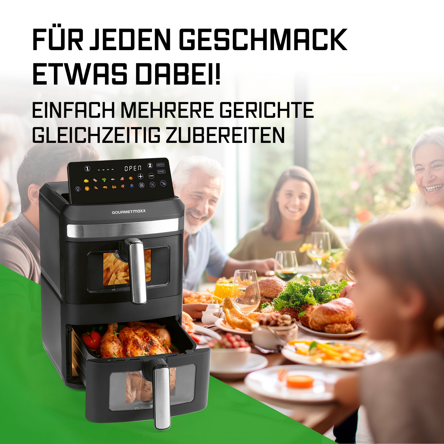 FryUp XL Vertikale Doppelkammer-Heißluftfritteuse mit Sichtfenster - 12 L