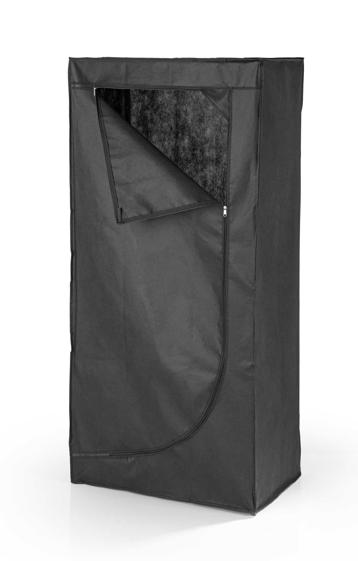 Stoffschrank mit Reißverschluss und Kleiderstange in Schwarz mit geöffneter Frontklappe