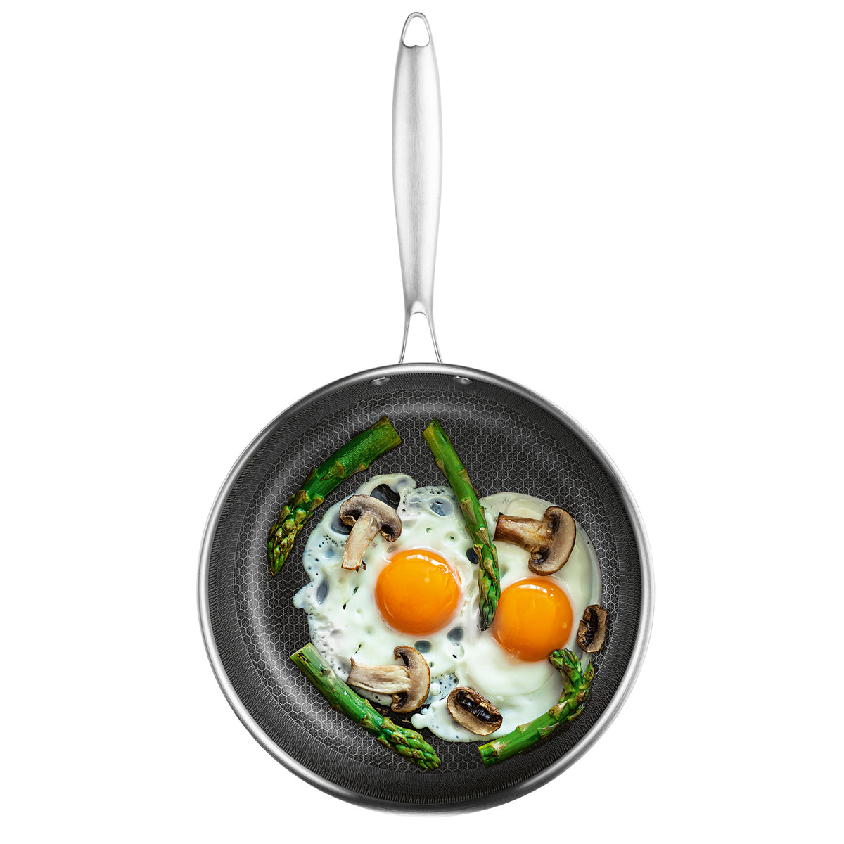 Edelstahl-Pfanne mit Wabenstruktur mit Spiegeleiern, Spargel und Champignons