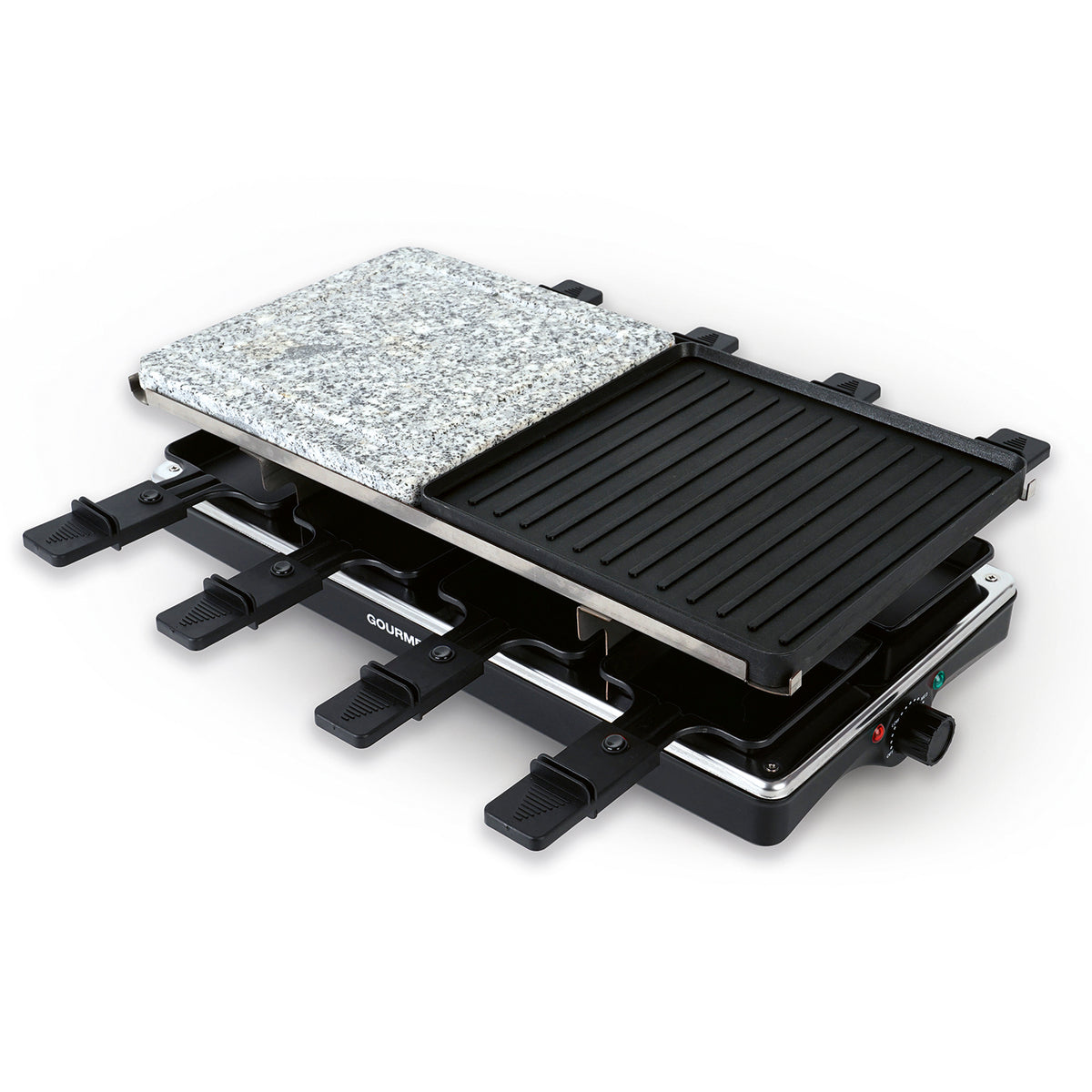 Raclettegrill - 8 Personen - Schwarz/Edelstahl mit Natursteinplatte und gerippter Grillplatte