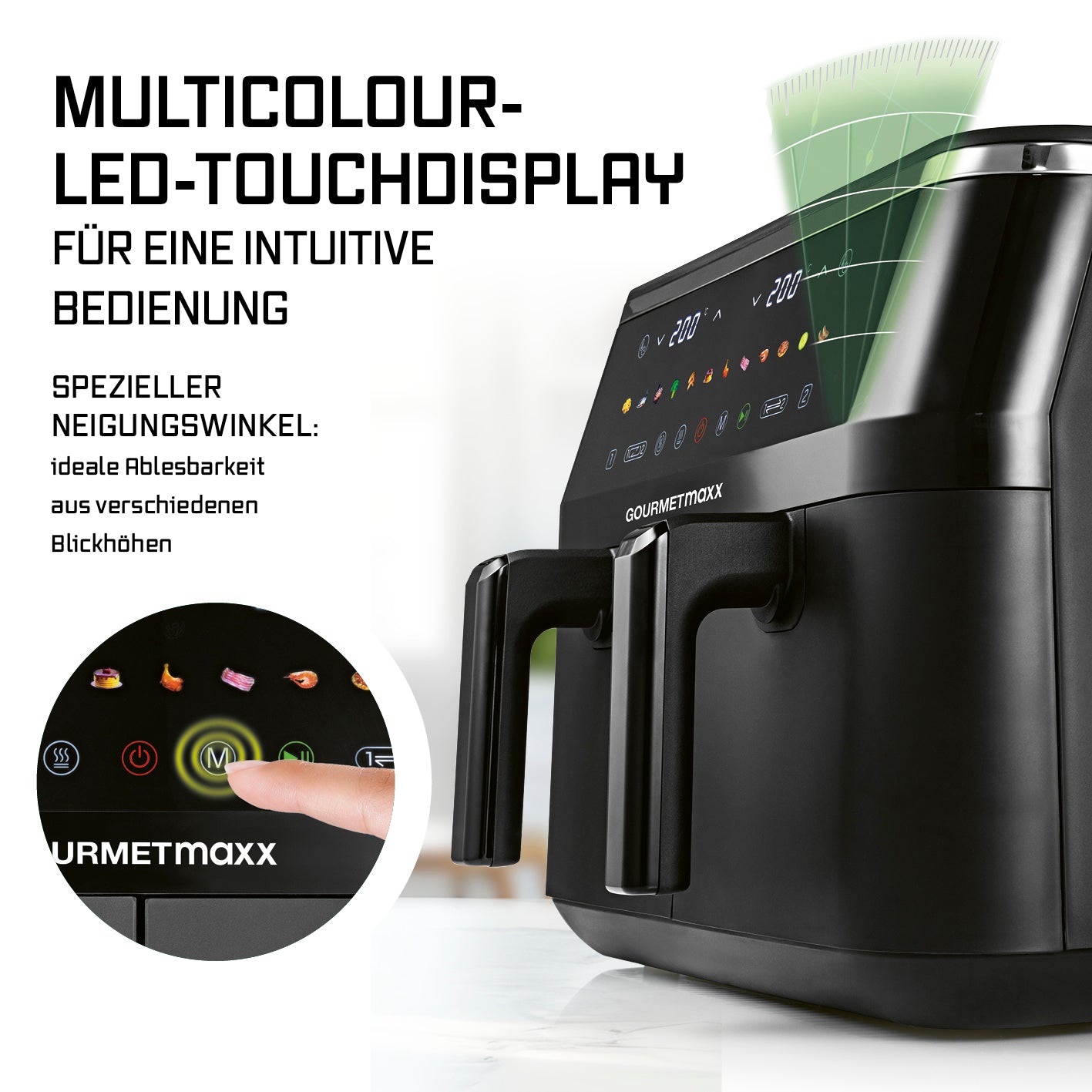 Doppelkammer-Heißluftfritteuse - 9 Liter (2 x 4,5 l) mit geneigtem LED-Touchdisplay und intuitiver Bedienung für vielseitiges Garen.