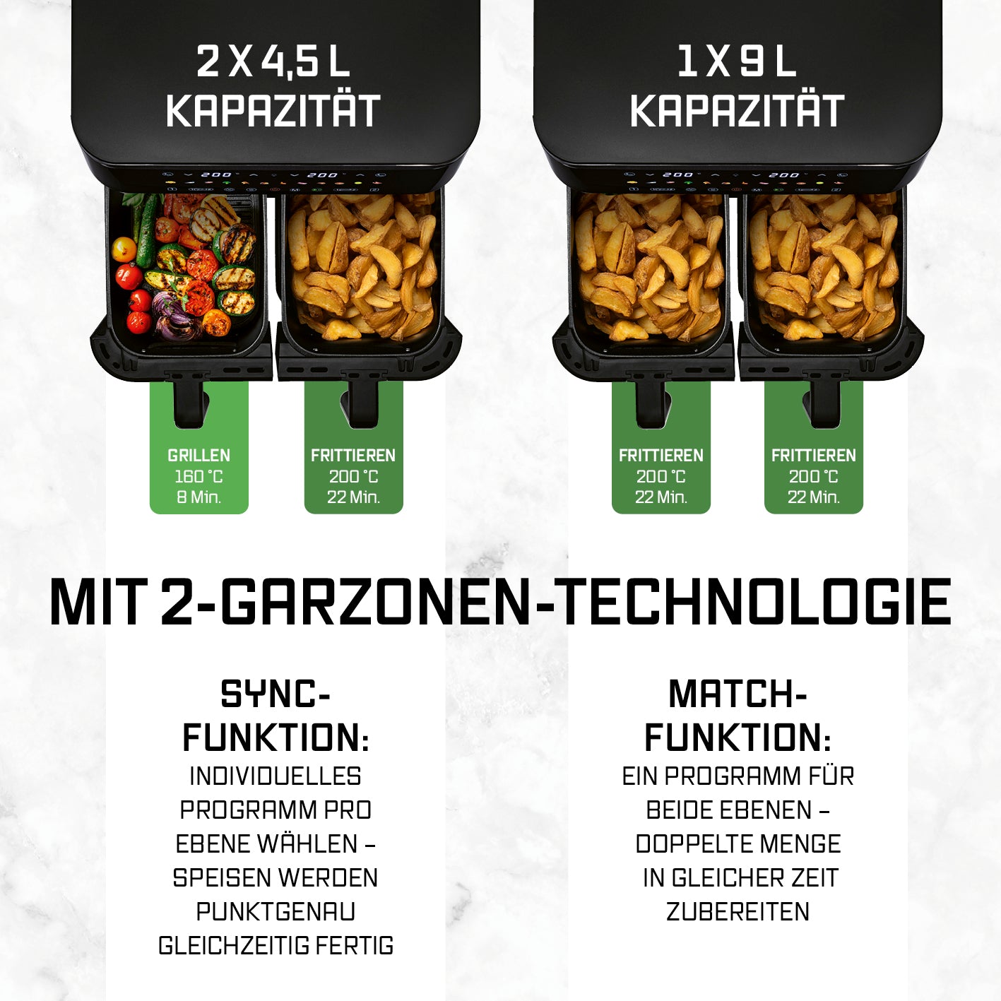 Doppelkammer-Heißluftfritteuse - 9 Liter (2 x 4,5 l) mit 2-Garzonen-Technologie für gleichzeitiges Garen verschiedener Speisen.