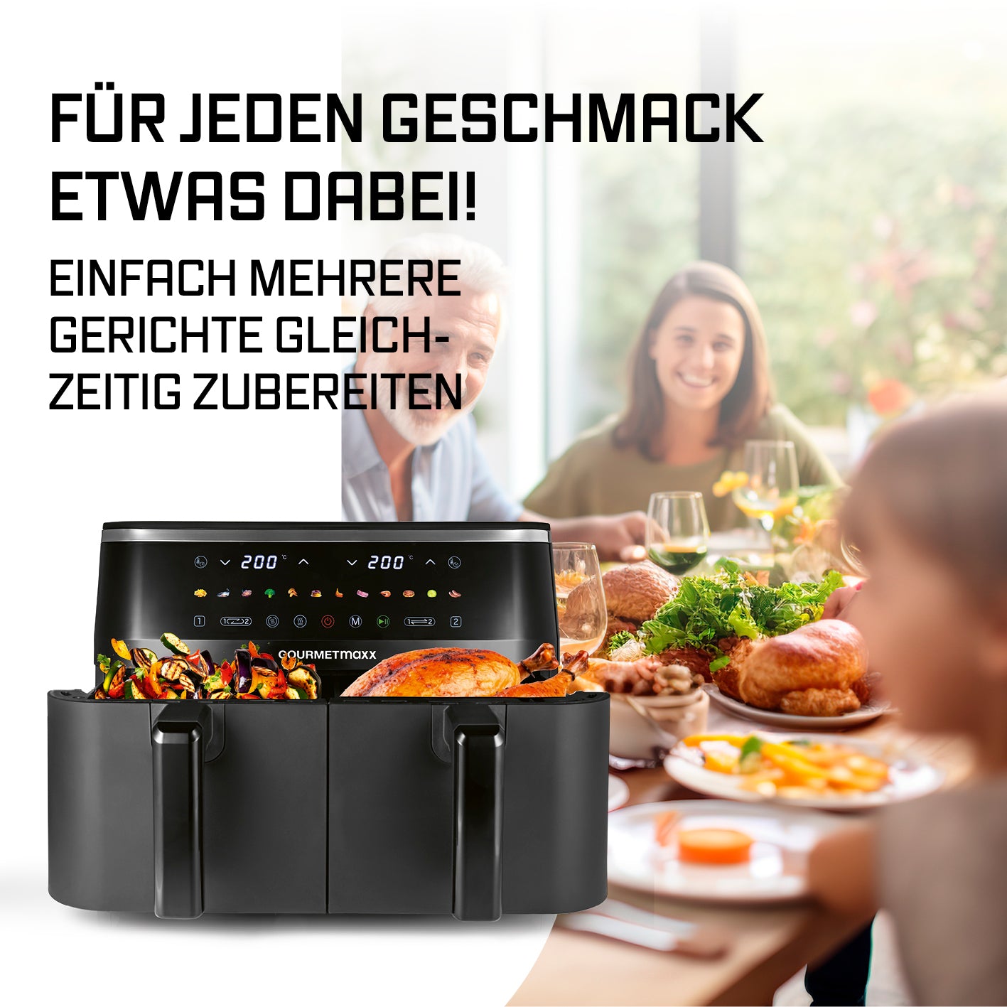 Doppelkammer-Heißluftfritteuse - 9 Liter (2 x 4,5 l) mit zwei Kammern für gleichzeitiges Garen verschiedener Speisen.