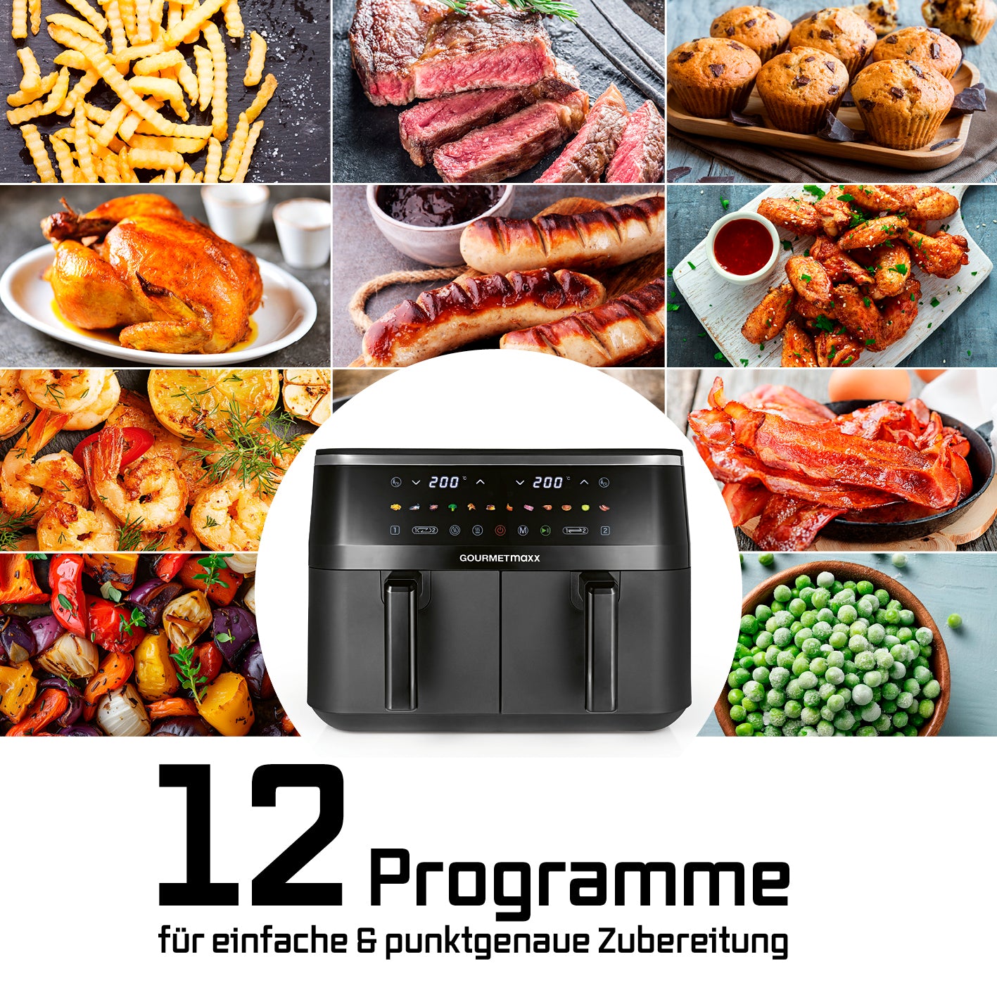 Doppelkammer-Heißluftfritteuse - 9 Liter (2 x 4,5 l) mit 12 Programmen für vielseitige und präzise Zubereitung von Speisen.