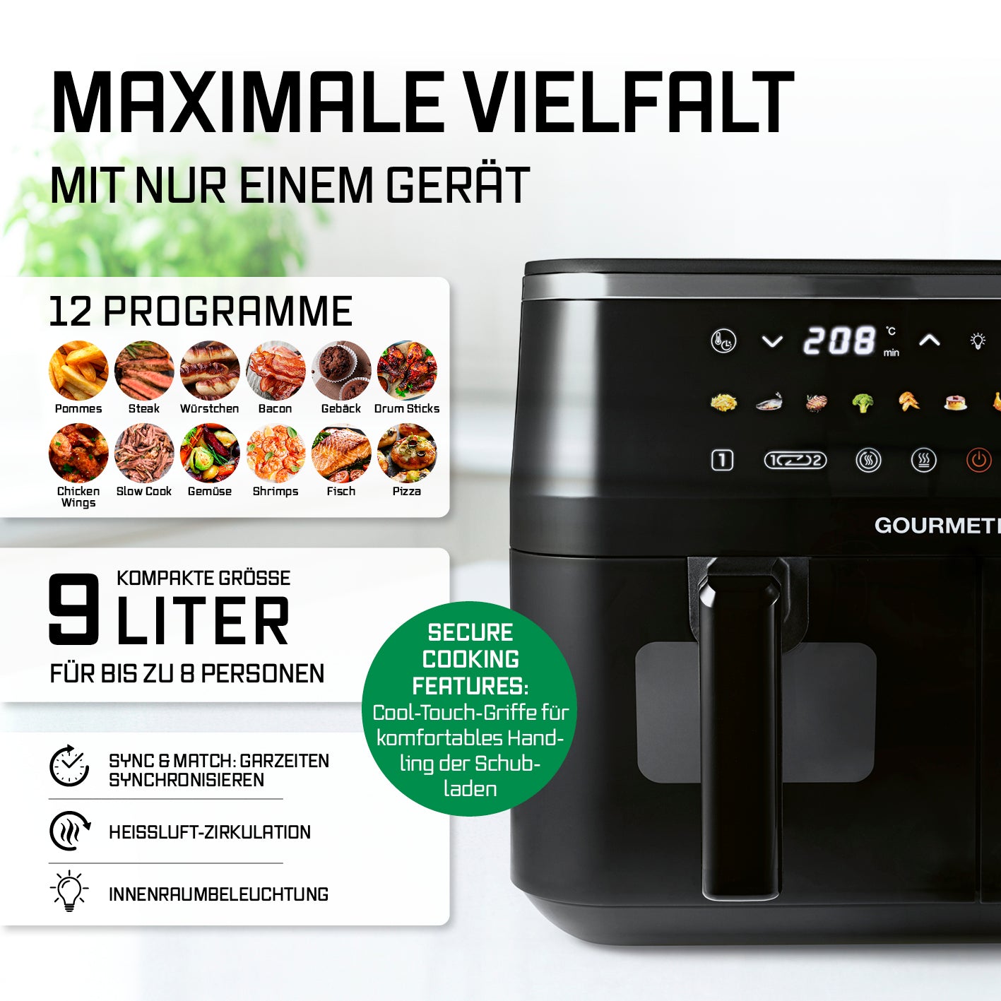 Doppelkammer-Heißluftfritteuse mit Sichtfenstern - 9 Liter (2 x 4,5 l) mit 12 Programmen und LED-Touchdisplay für vielseitiges Garen