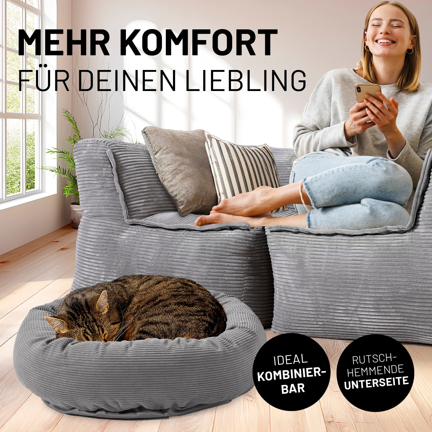 Komfort-Katzenbett aus der LUMALAND Cord-Reihe - Ø 60 cm - Grau