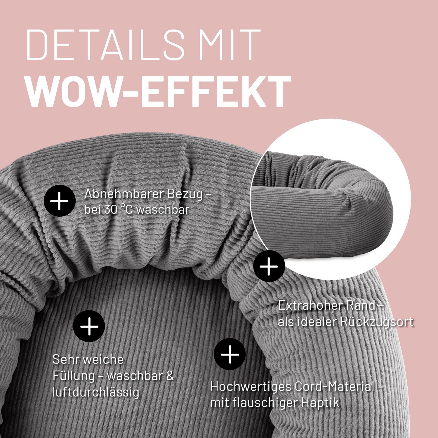 Komfort-Katzenbett aus der LUMALAND Cord-Reihe - Ø 60 cm - Grau