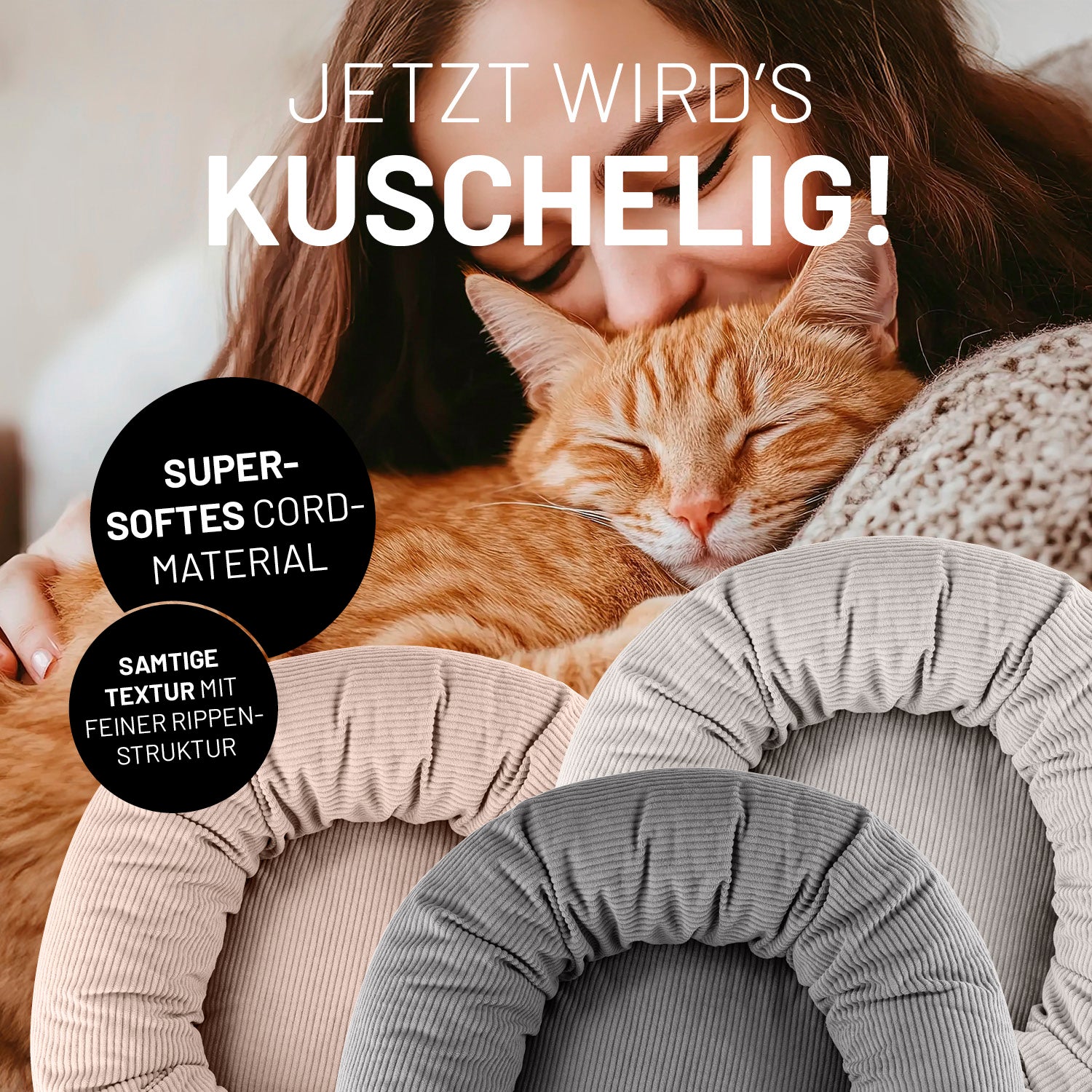 Komfort-Katzenbett aus der LUMALAND Cord-Reihe - Ø 60 cm - Grau