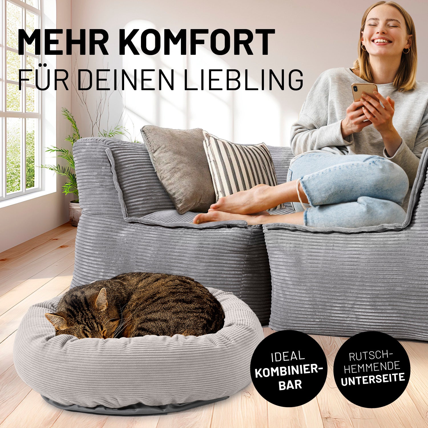 Komfort-Katzenbett aus der LUMALAND Cord-Reihe - Ø 60 cm - Beige