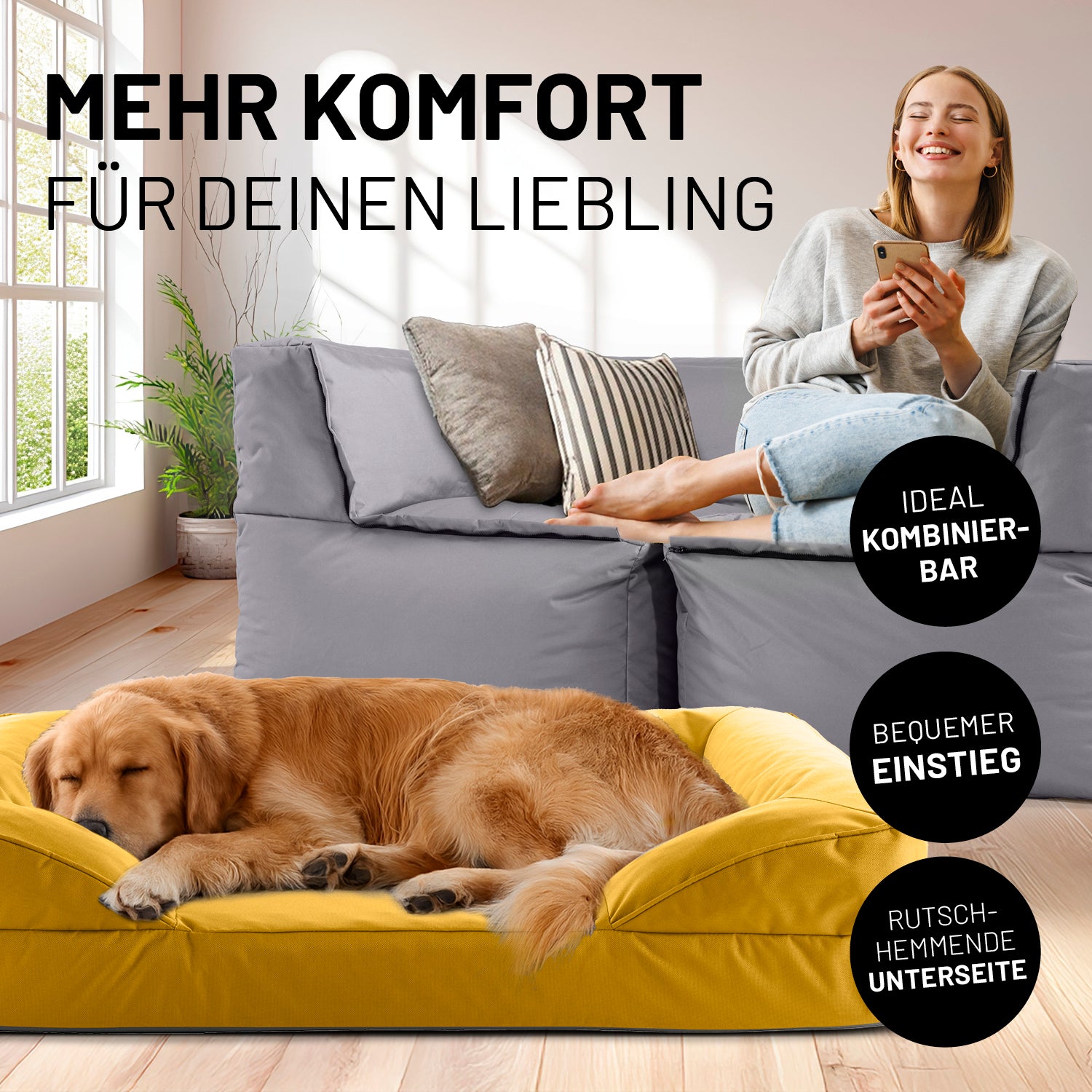 Komfort-Hundebett aus der LUMALAND Outdoor-Kollektion - Gr. L - 110 x 75 cm - Senfgelb
