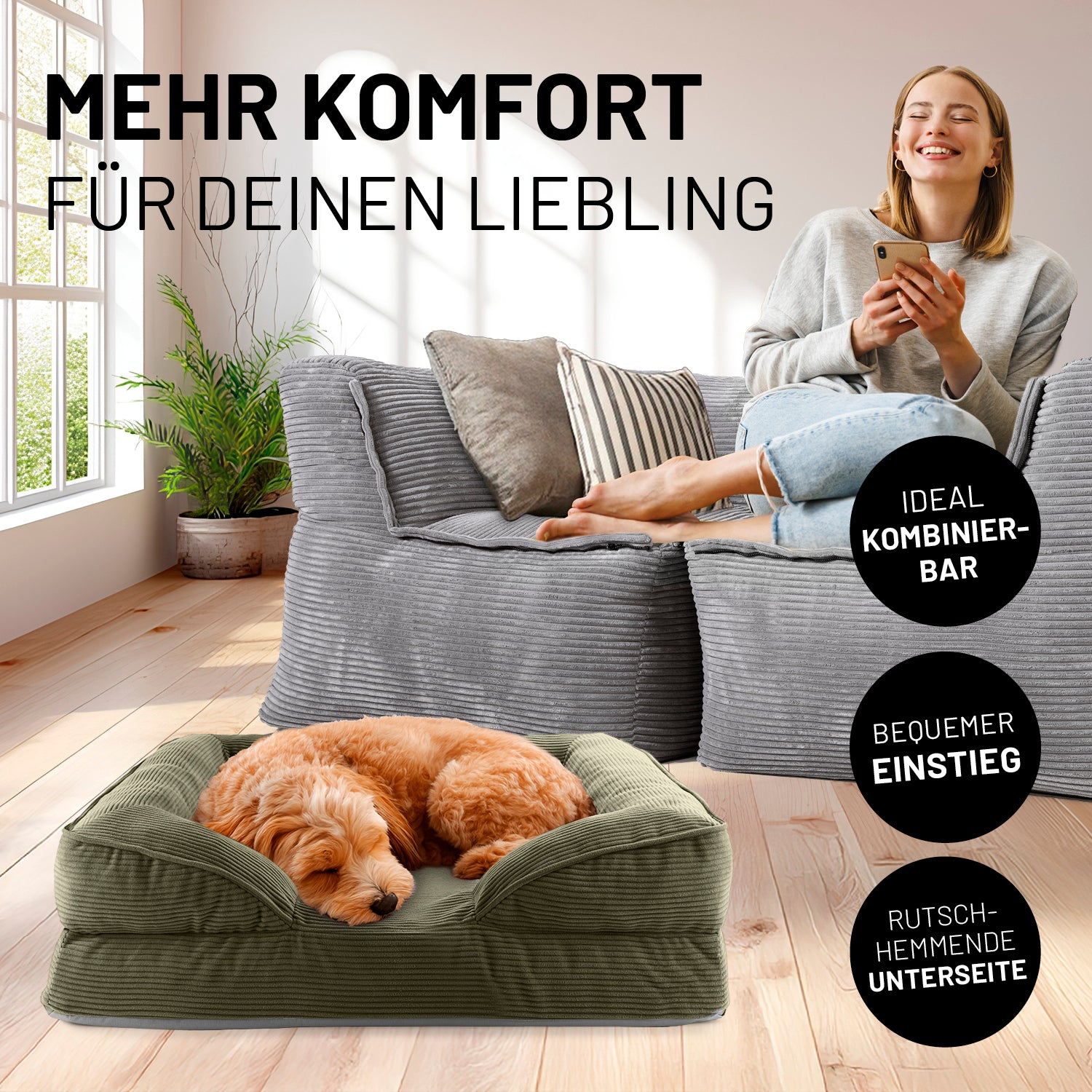 Komfort-Hundebett aus der LUMALAND Cord-Reihe - Gr. S - 70 x 60 cm - Grau