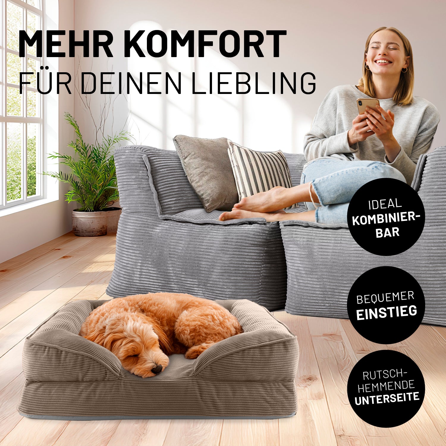Komfort-Hundebett aus der LUMALAND Cord-Reihe - Gr. S - 70 x 60 cm - Grau