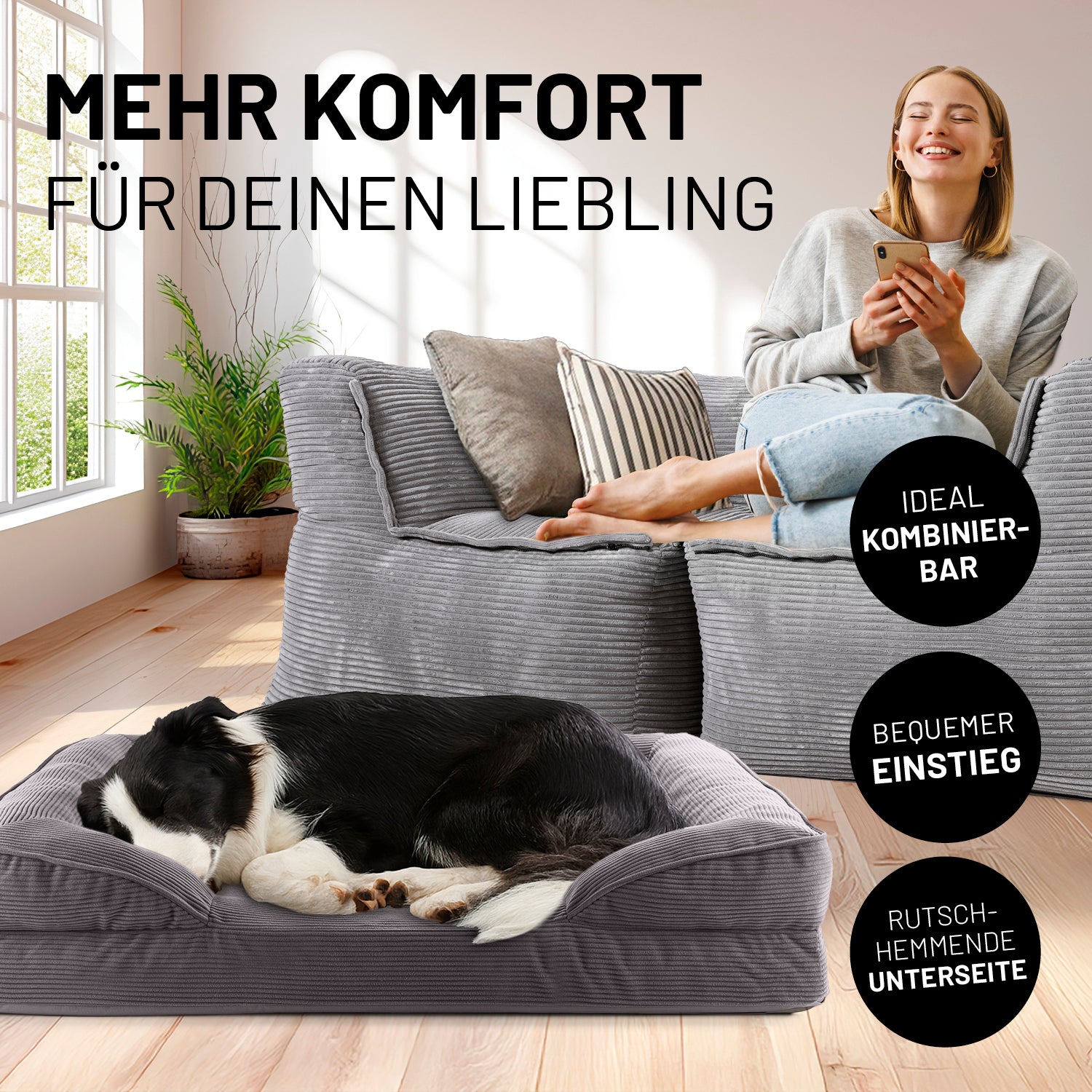 Komfort-Hundebett aus der LUMALAND Cord-Reihe - Gr. M - 90 x 65 cm - Grau