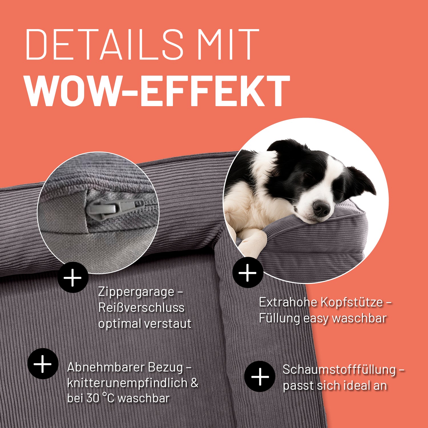 Komfort-Hundebett aus der LUMALAND Cord-Reihe - Gr. M - 90 x 65 cm - Grau