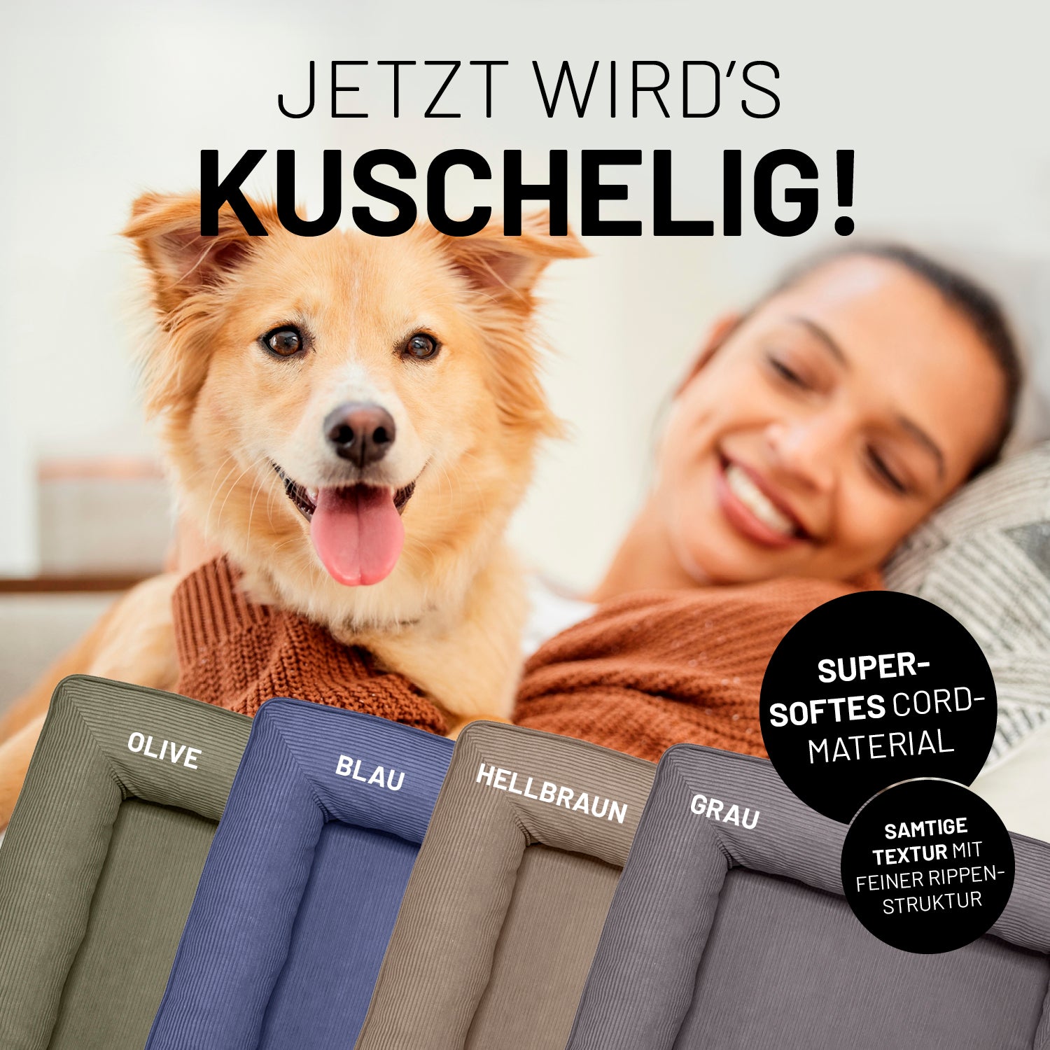 Komfort-Hundebett aus der LUMALAND Cord-Reihe - Gr. M - 90 x 65 cm - Grau