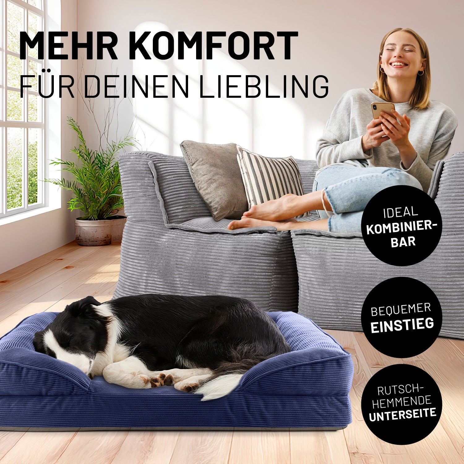 Komfort-Hundebett aus der LUMALAND Cord-Reihe - Gr. M - 90 x 65 cm - Grau
