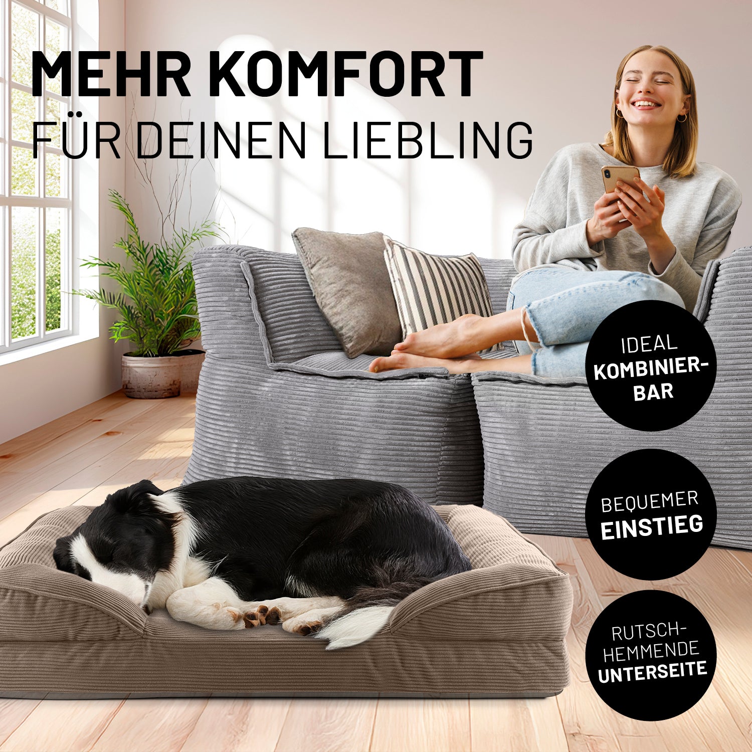 Komfort-Hundebett aus der LUMALAND Cord-Reihe - Gr. M - 90 x 65 cm - Grau