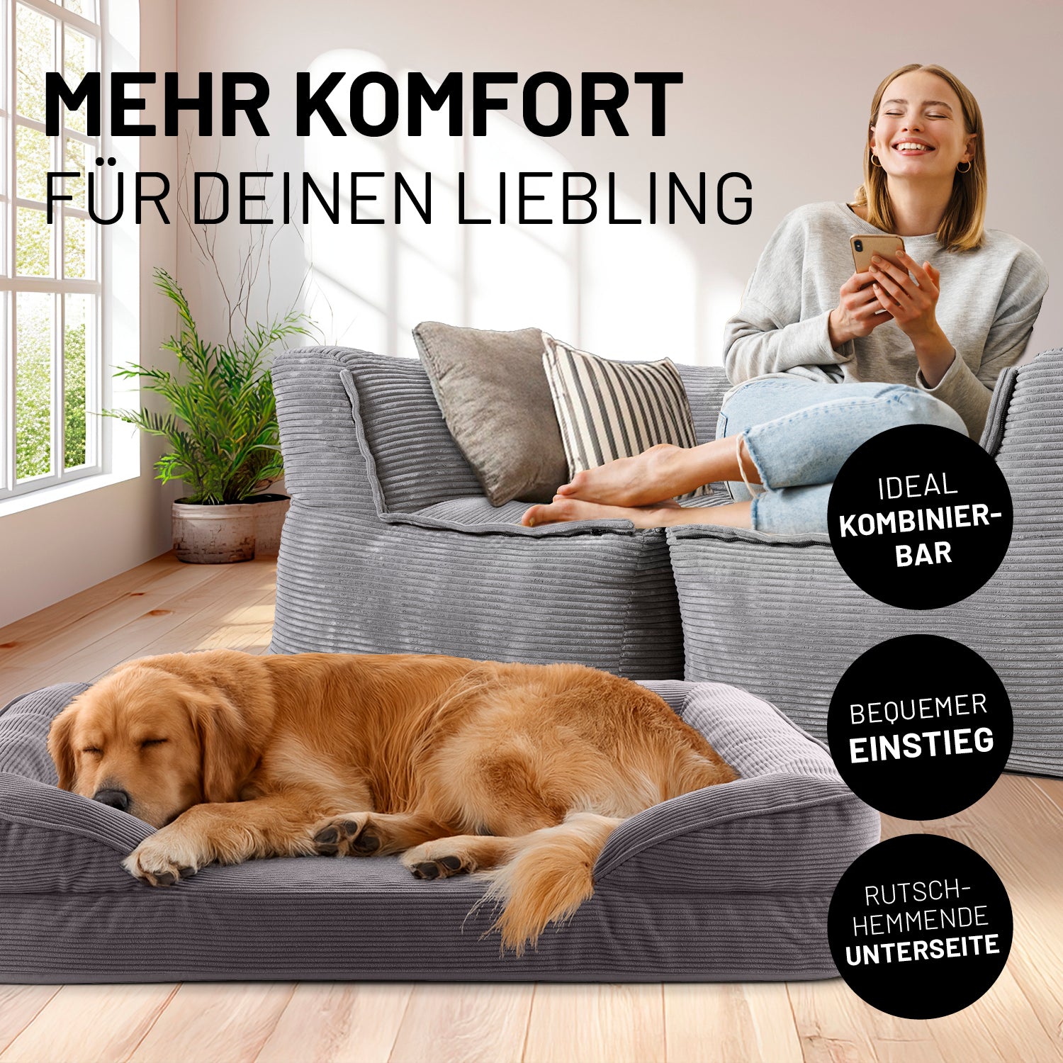 Komfort-Hundebett aus der LUMALAND Cord-Reihe - Gr. L - 110 x 75 cm - Grau