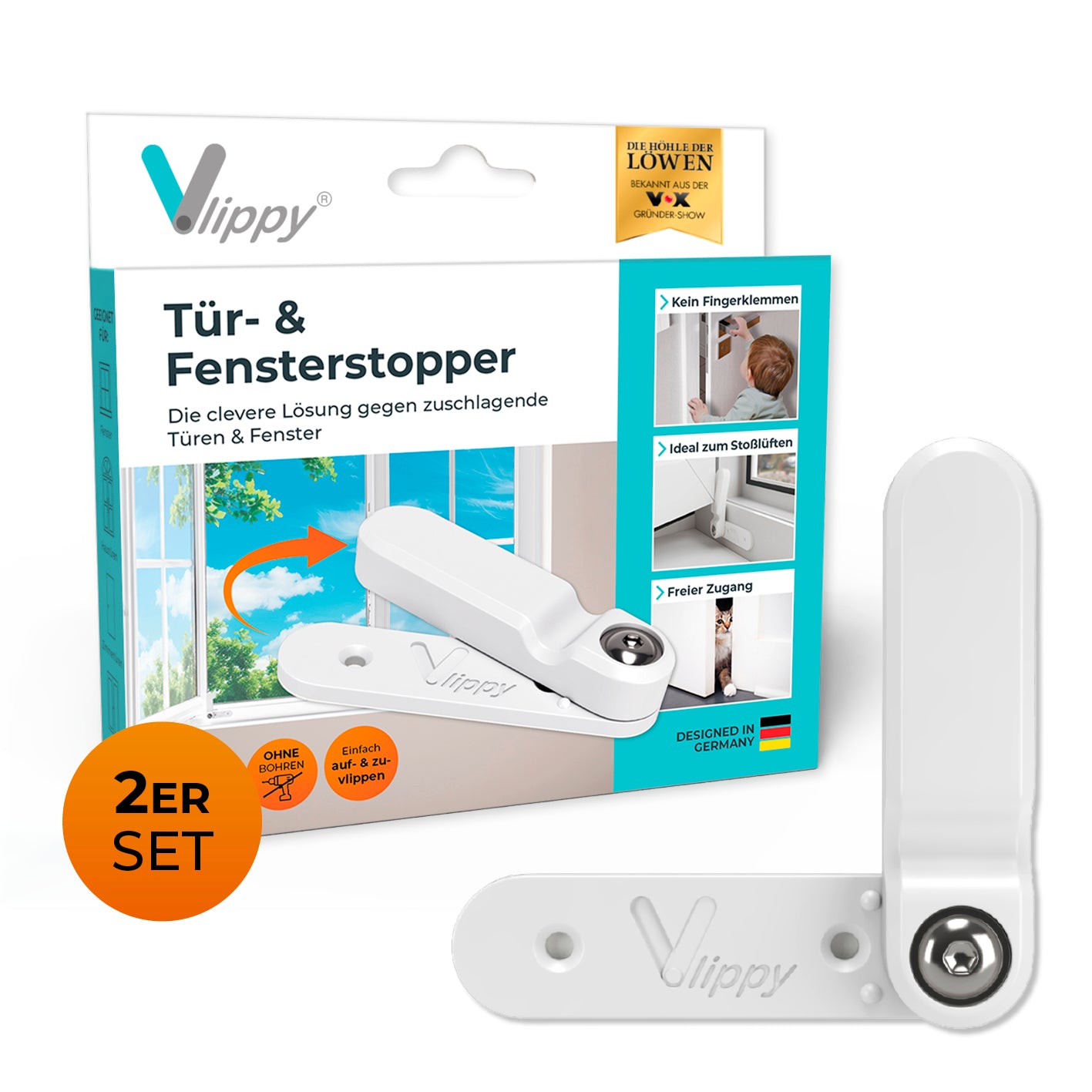 Tür- & Fensterstopper - 2er-Set verhindert zuschlagende Türen und Fenster, einfache Montage, flexible Kunststoff-Finger mit Dämpfung.