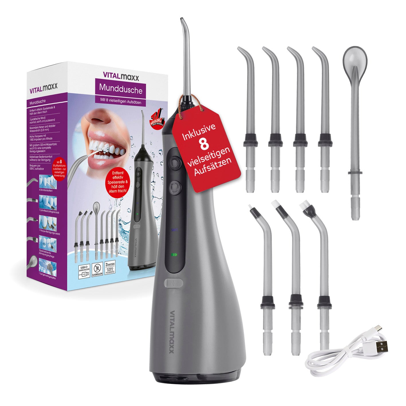 Munddusche mit 8 Multifunktionsaufsätzen, inklusive Ladegerät, für gründliche Zahnreinigung und frischen Atem.