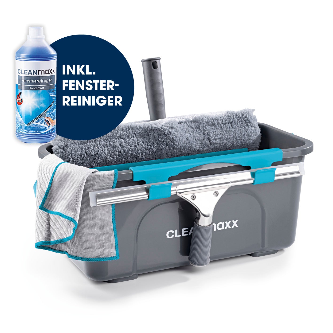 Fensterreinigerset - 7-tlg. mit Eimer, Wischer, Abzieher, Mikrofasertuch und 1L CLEANmaxx Reiniger für streifenfreie Fenster.