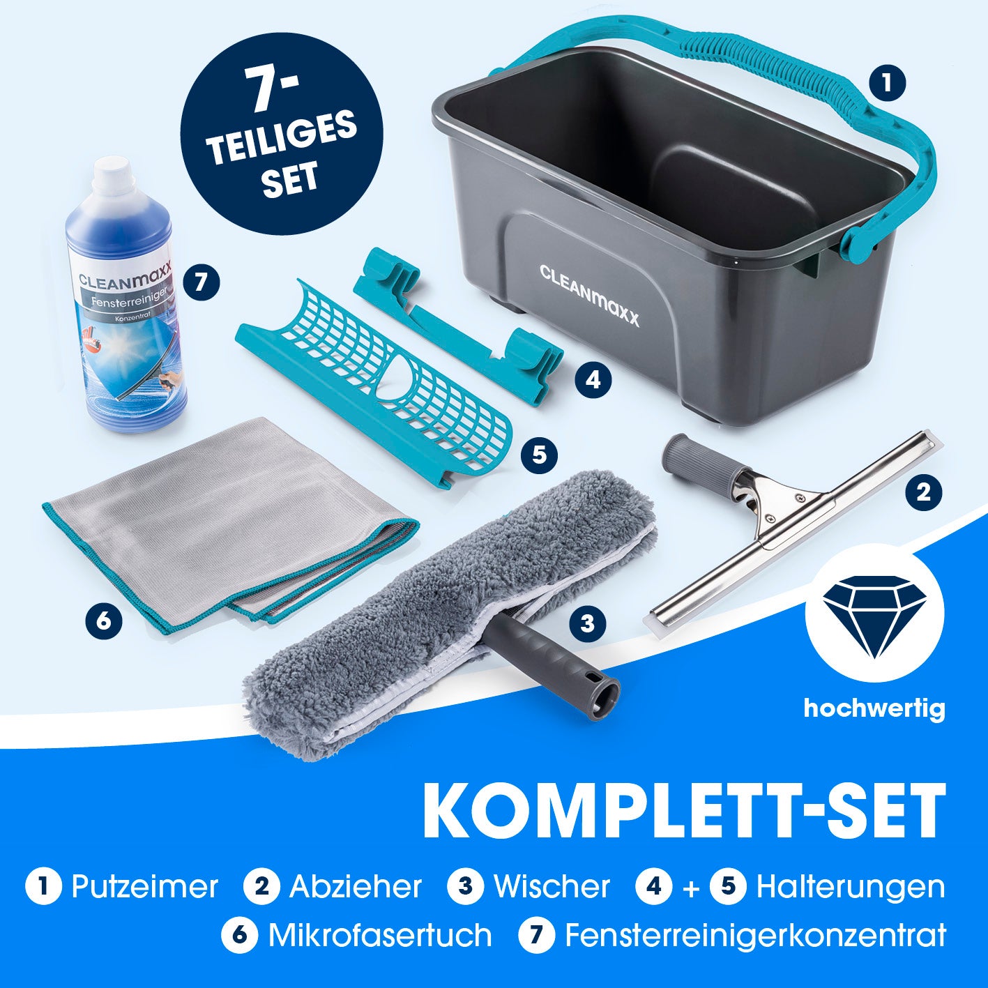 Fensterreinigerset - 7-tlg. mit Eimer, Abzieher, Wischer, Halterungen, Mikrofasertuch und Fensterreiniger-Konzentrat für streifenfreie Fenster.