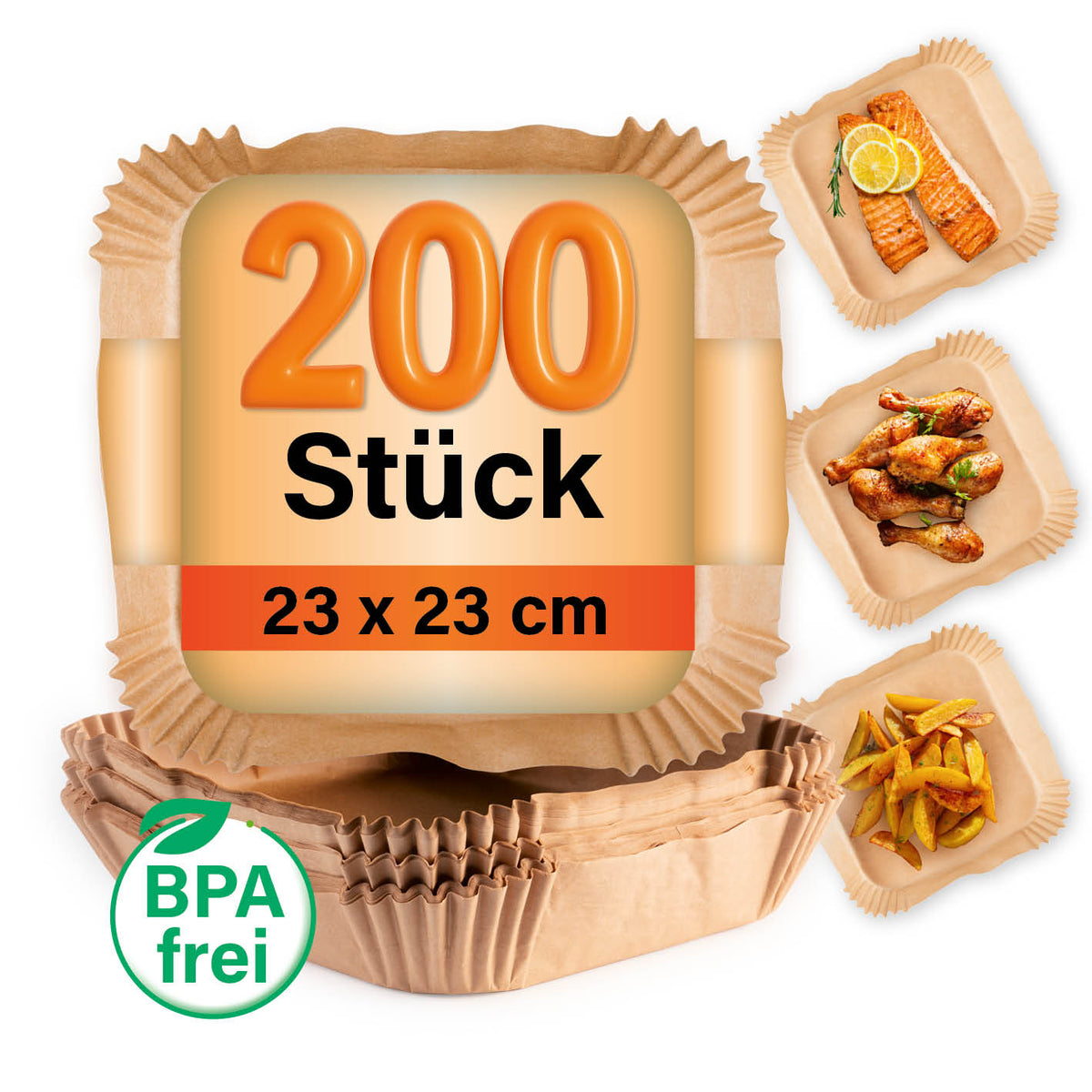 Backpapier-Schalen für Heißluft-Fritteusen - 200er-Set - 23 x 23 x 4,5 cm