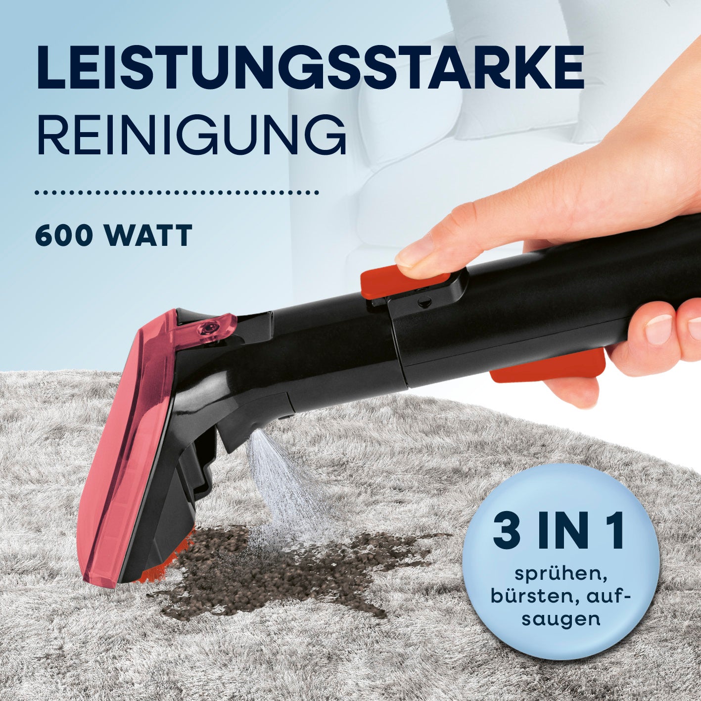 Polster- & Teppichreiniger Pro Power inkl. 1 l Teppich- & Polsterreiniger-Konzentrat - Grau/Rot zeigt Handgerät mit 600 Watt für Sprühen, Bürsten und Saugen.