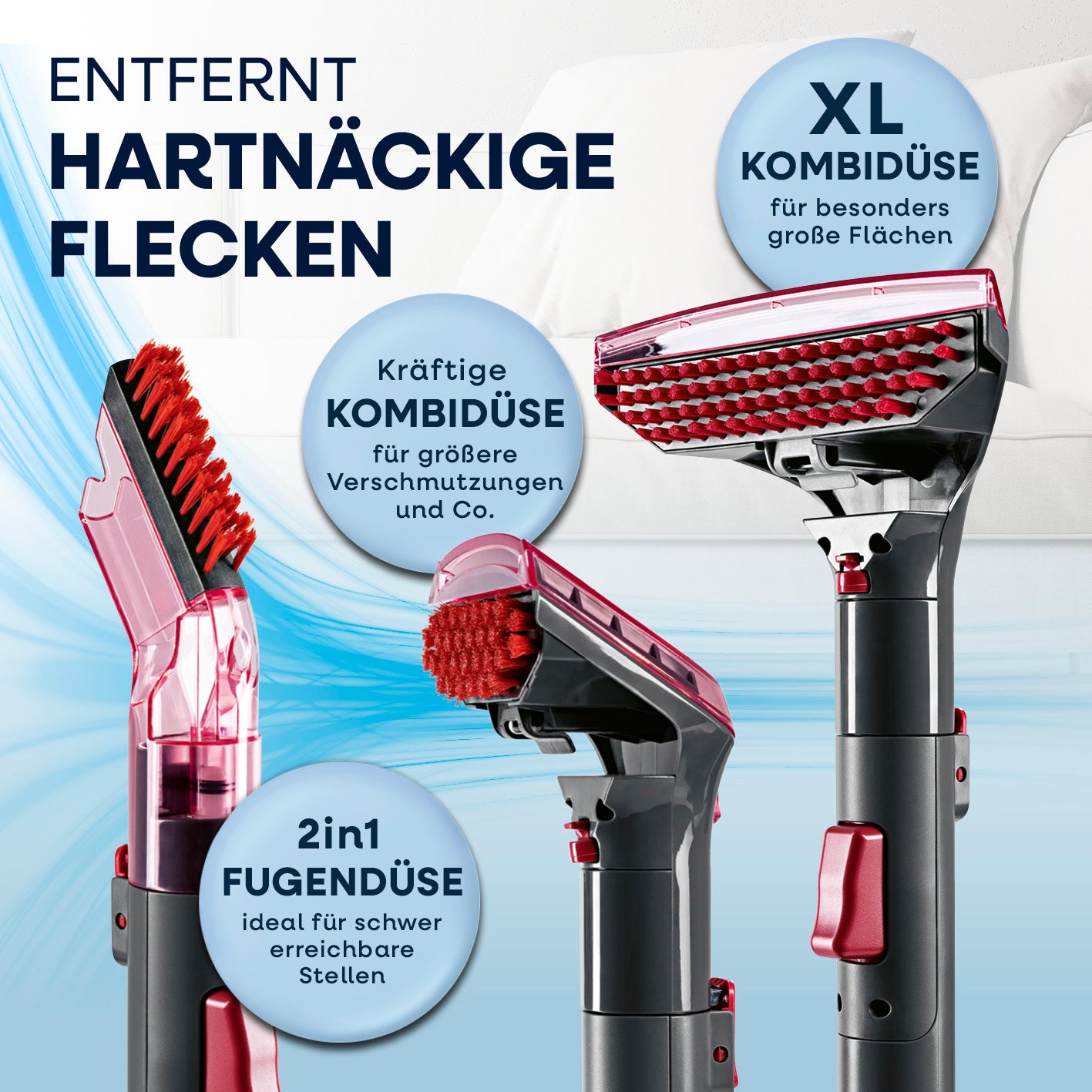 Polster- & Teppichreiniger Pro Power inkl. 1 l Teppich- & Polsterreiniger-Konzentrat - Grau/Rot mit Kombidüsen für große Flächen und schwer erreichbare Stellen.
