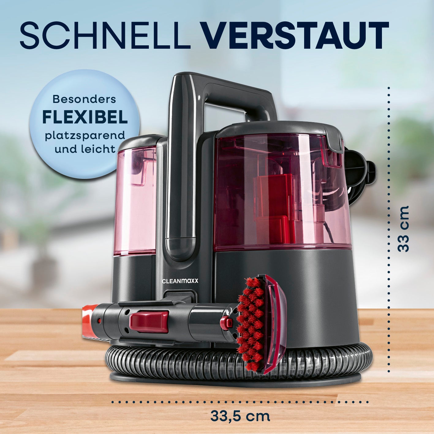 Polster- & Teppichreiniger Pro Power inkl. 1 l Teppich- & Polsterreiniger-Konzentrat - Grau/Rot kompakt verstaubar, platzsparend und mit flexiblem Schlauch.