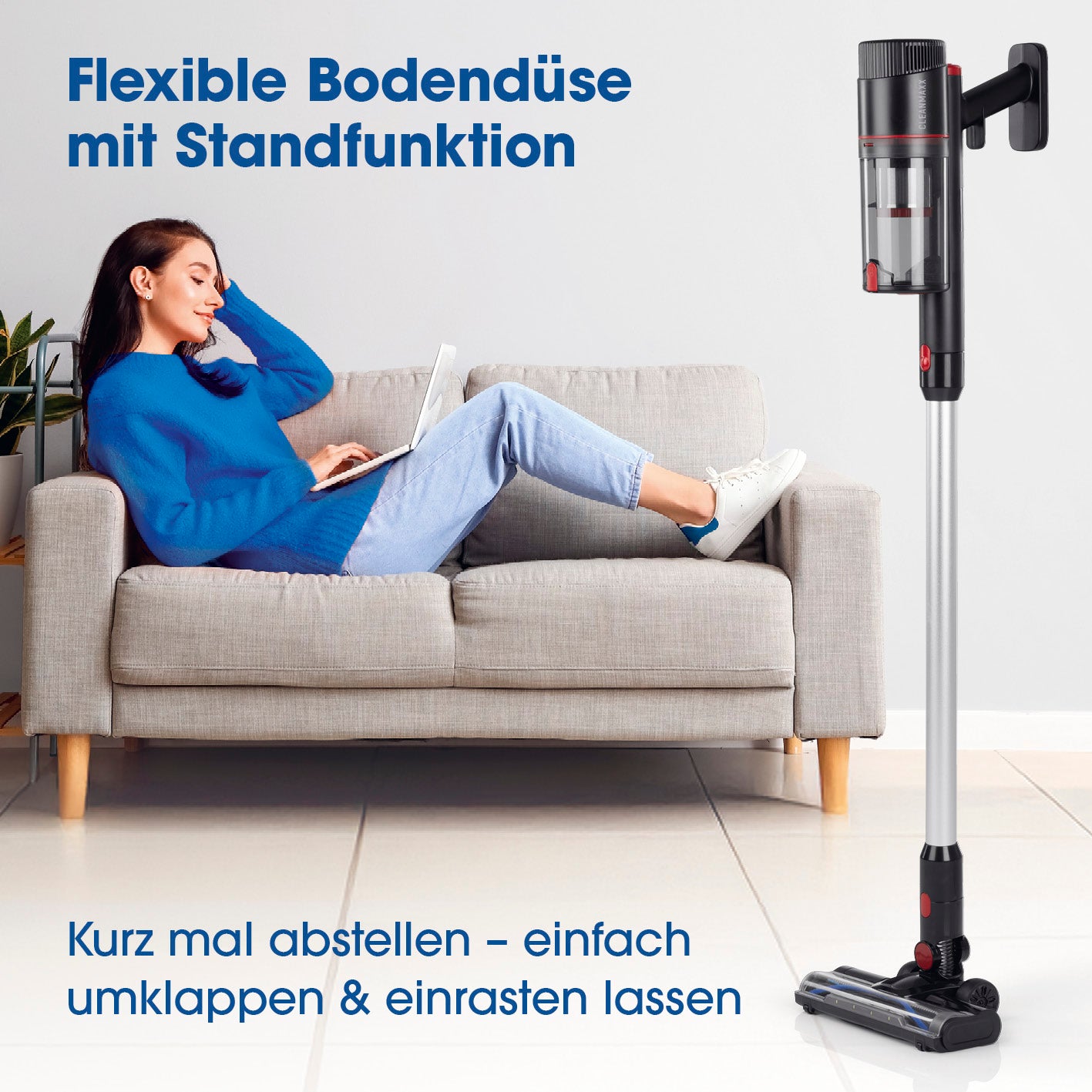 Akku-Zyklon-Staubsauger 22,2V - schwarz/rot mit flexibler Bodendüse und Standfunktion für einfaches Abstellen und komfortable Nutzung.