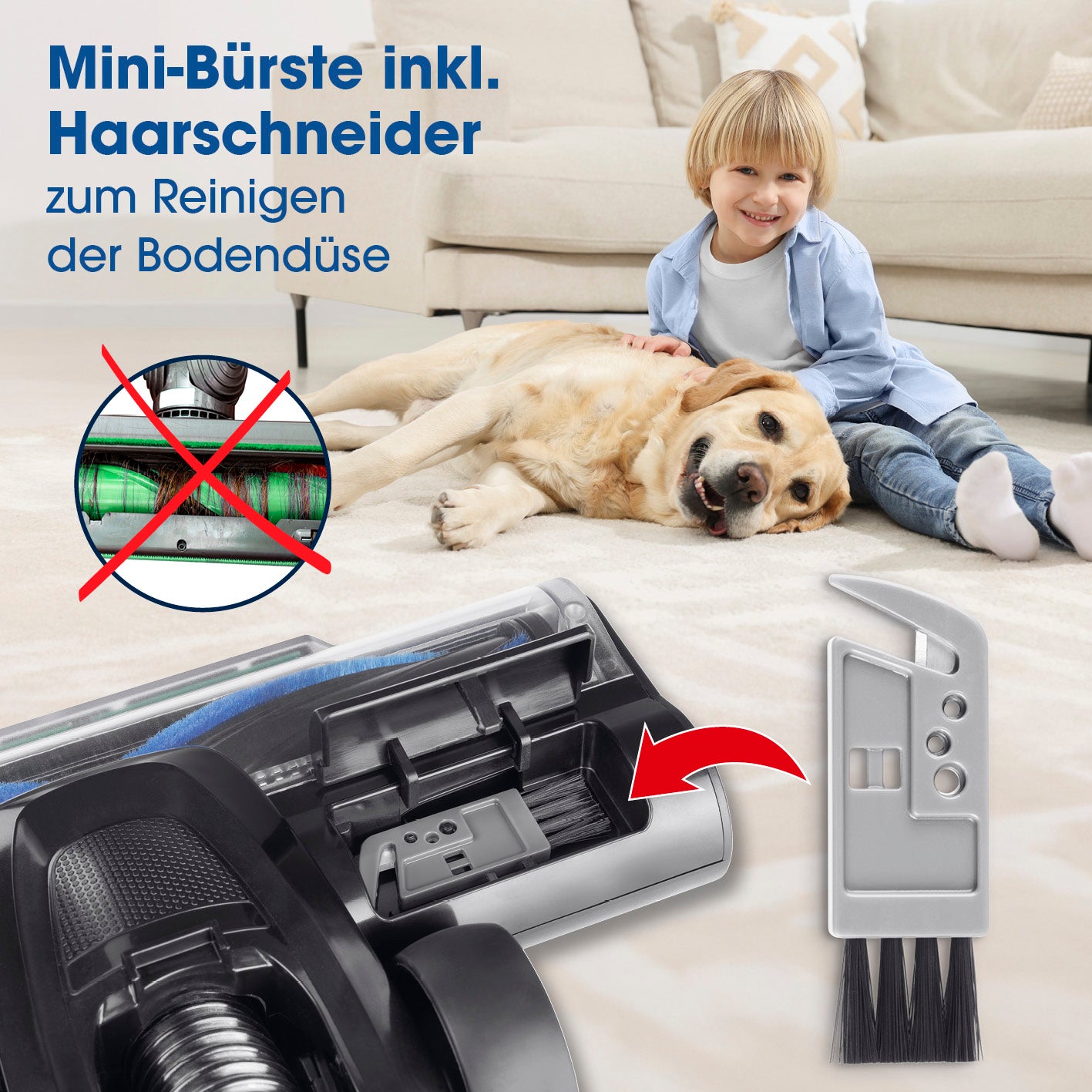 Akku-Zyklon-Staubsauger 22,2V - schwarz/rot mit Mini-Bürste und Haarschneider zur effektiven Reinigung der Bodendüse.