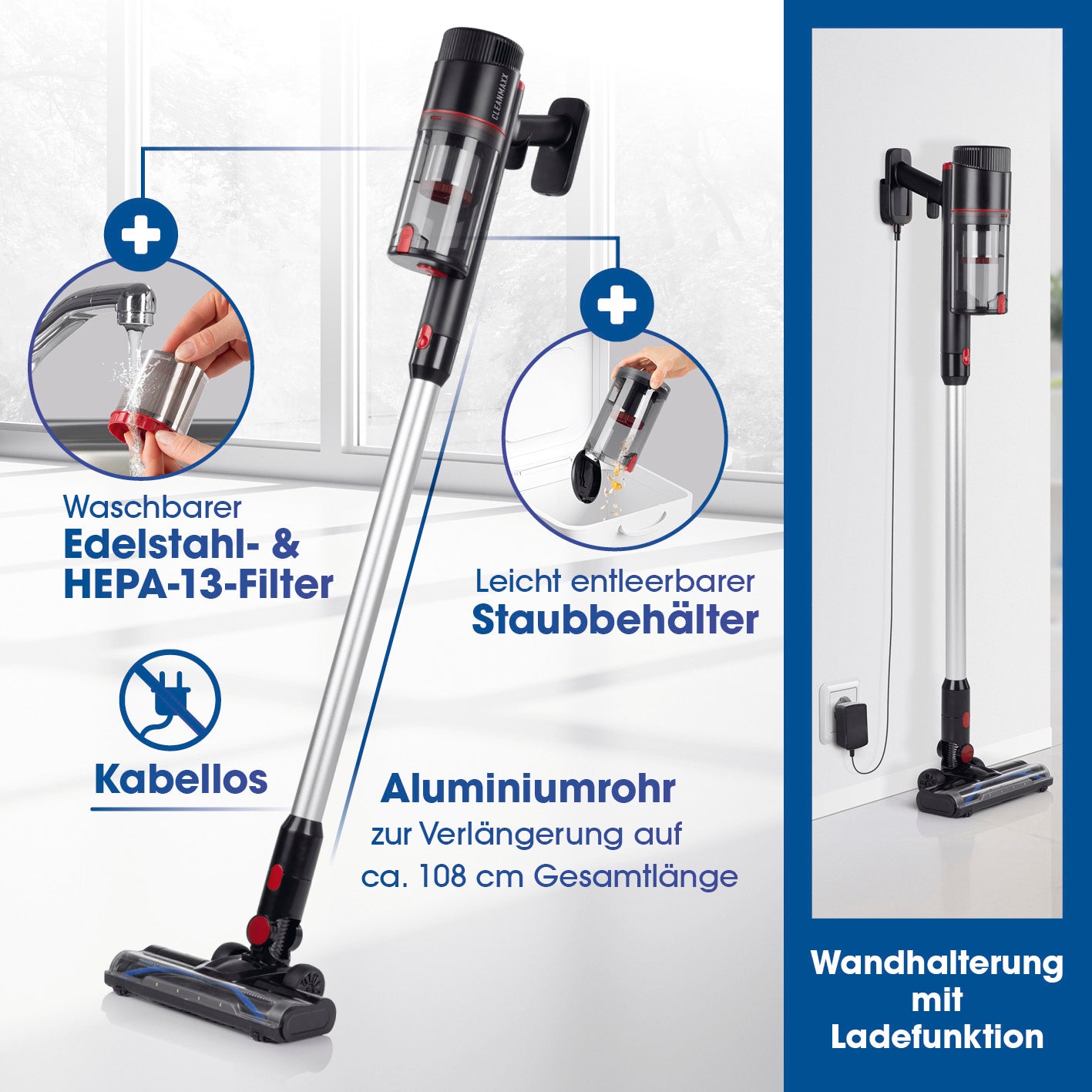 Akku-Zyklon-Staubsauger 22,2V - schwarz/rot mit waschbarem Edelstahl-HEPA-13-Filter, kabellos und leicht entleerbarem Staubbehälter