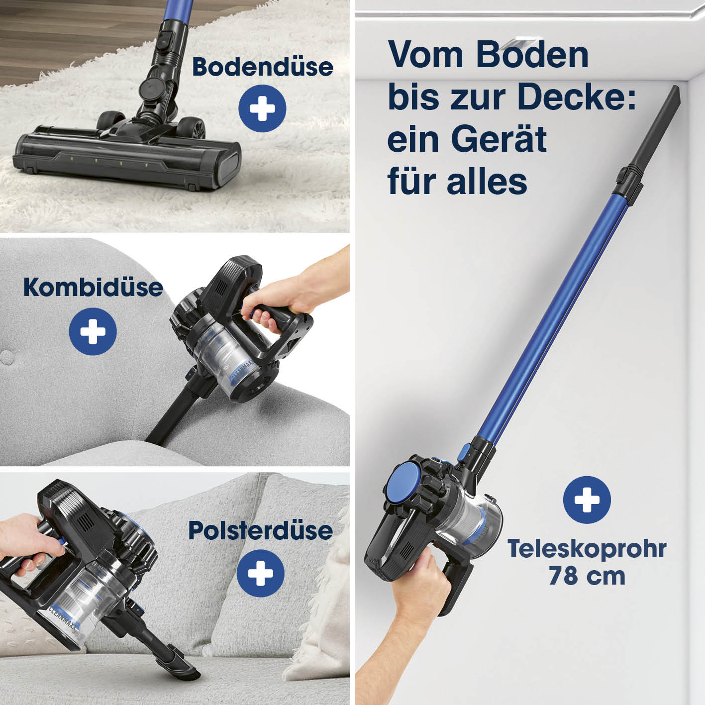 Akku-Zyklonstaubsauger mit Bodendüse, Kombidüse, Polsterdüse und 78 cm Teleskoprohr in Galerieposition 7 quadratisch
