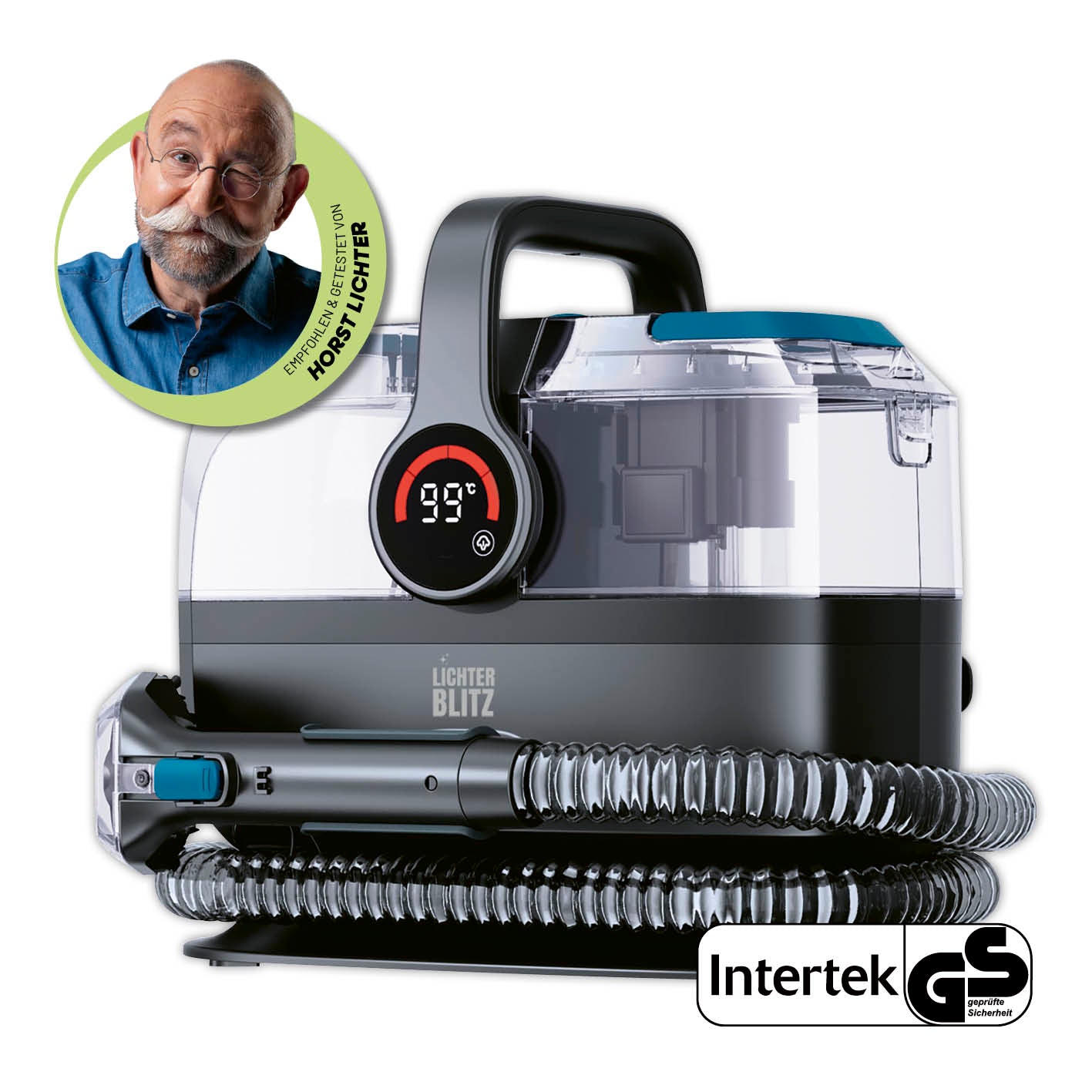 Polster- & Teppichreiniger mit Dampf-Funktion in quadratischer Ansicht, Temperaturanzeige und flexiblem Schlauch, Galerie 1.