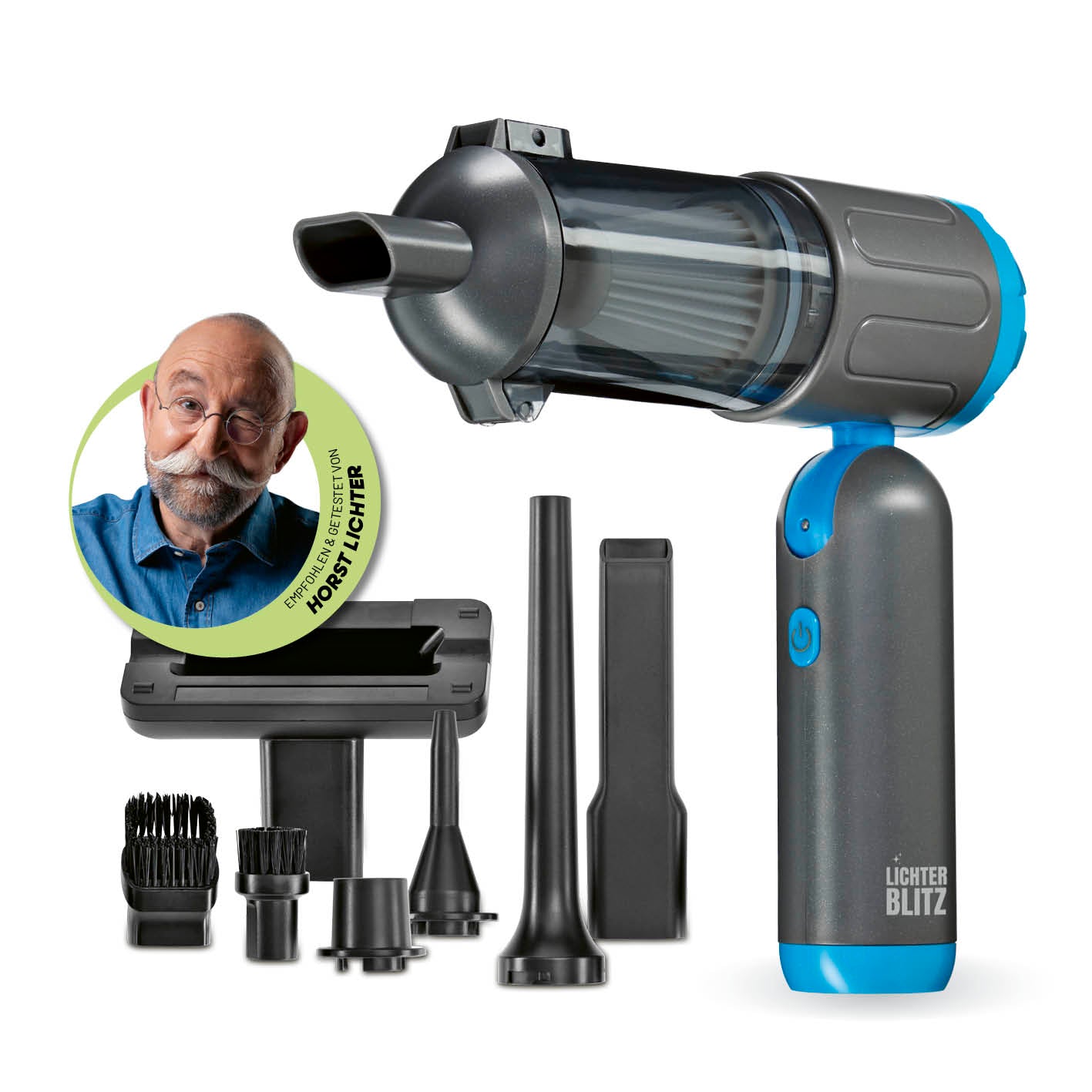 Akku-Handstaubsauger faltbar + 7 Aufsätze in Galerie 1 zeigt Handstaubsauger mit verschiedenen Aufsätzen und Haarschneider-Bürste.