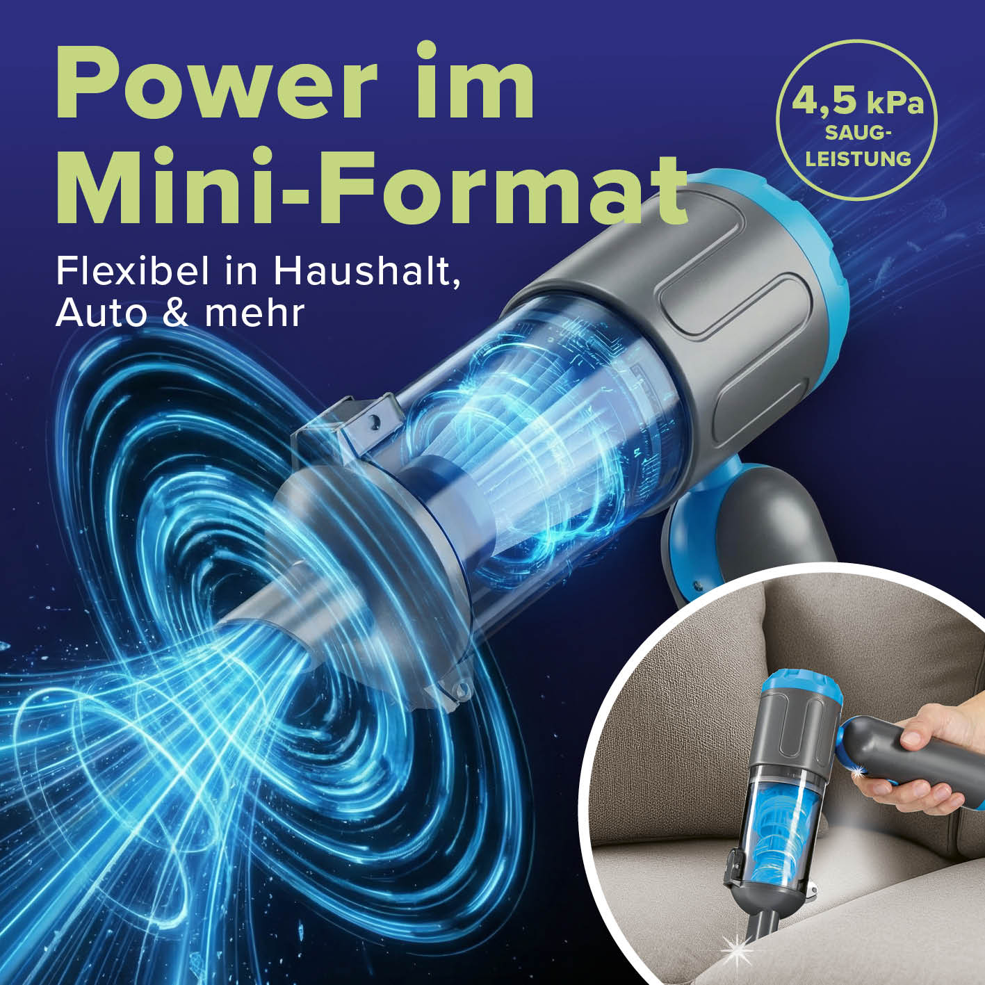Akku-Handstaubsauger faltbar + 7 Aufsätze zeigt flexible Hand- und Bodennutzung in Galerie 3, quadratisch 1417x1417 Pixel.