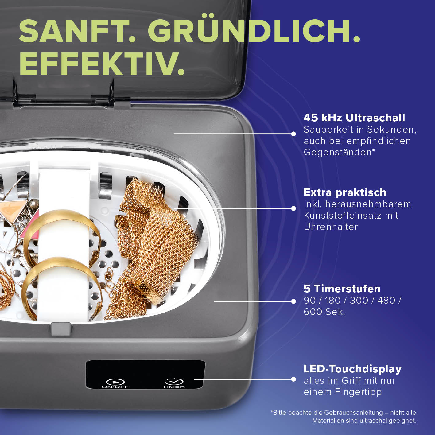 Ultraschallreiniger quadratisch mit LED-Touchdisplay, 45 kHz Ultraschall, 5 Timerstufen, praktischem Kunststoffeinsatz, Galerie Position 5.
