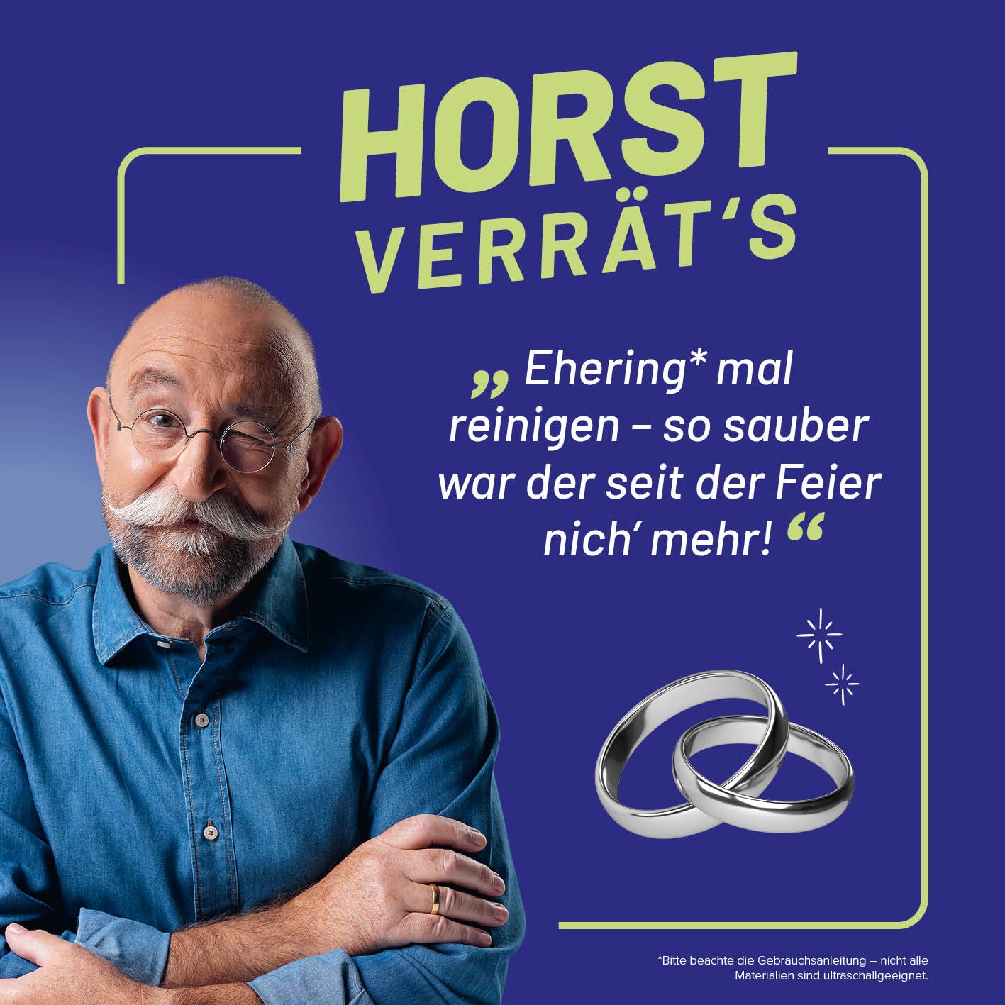 Ultraschallreiniger Bild 6 mit Horst und Zitat zur Reinigung von Eheringen, quadratisches Format 1417x1417px