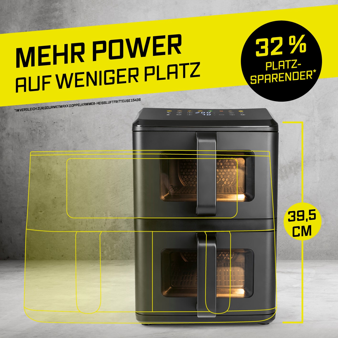 Vertikale Doppelkammer-Heißluftfritteuse mit Sichtfenster - 10 L, 32% platzsparender, 39,5 cm hoch, für effizientes Kochen.