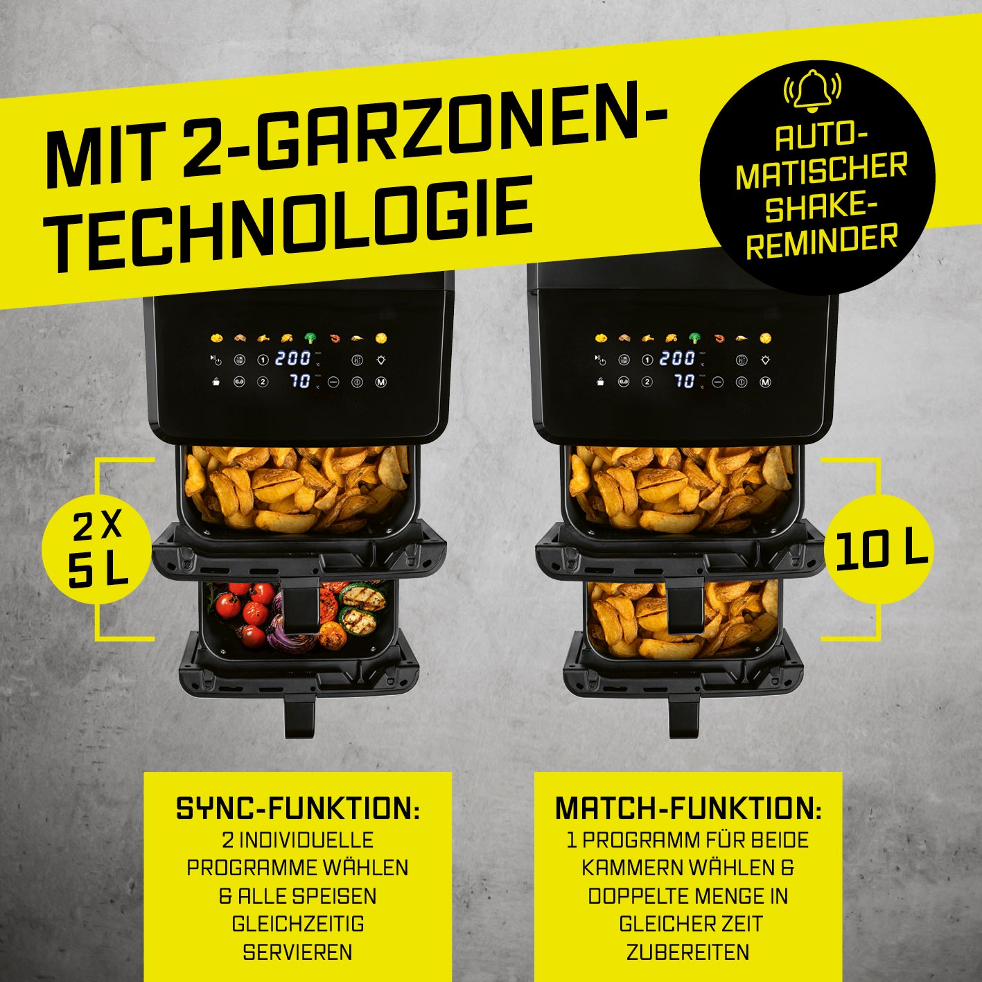Vertikale Doppelkammer-Heißluftfritteuse mit Sichtfenster - 10 L, 2 Garzonen, Digitaldisplay, Platzsparend, für bis zu 8 Personen.