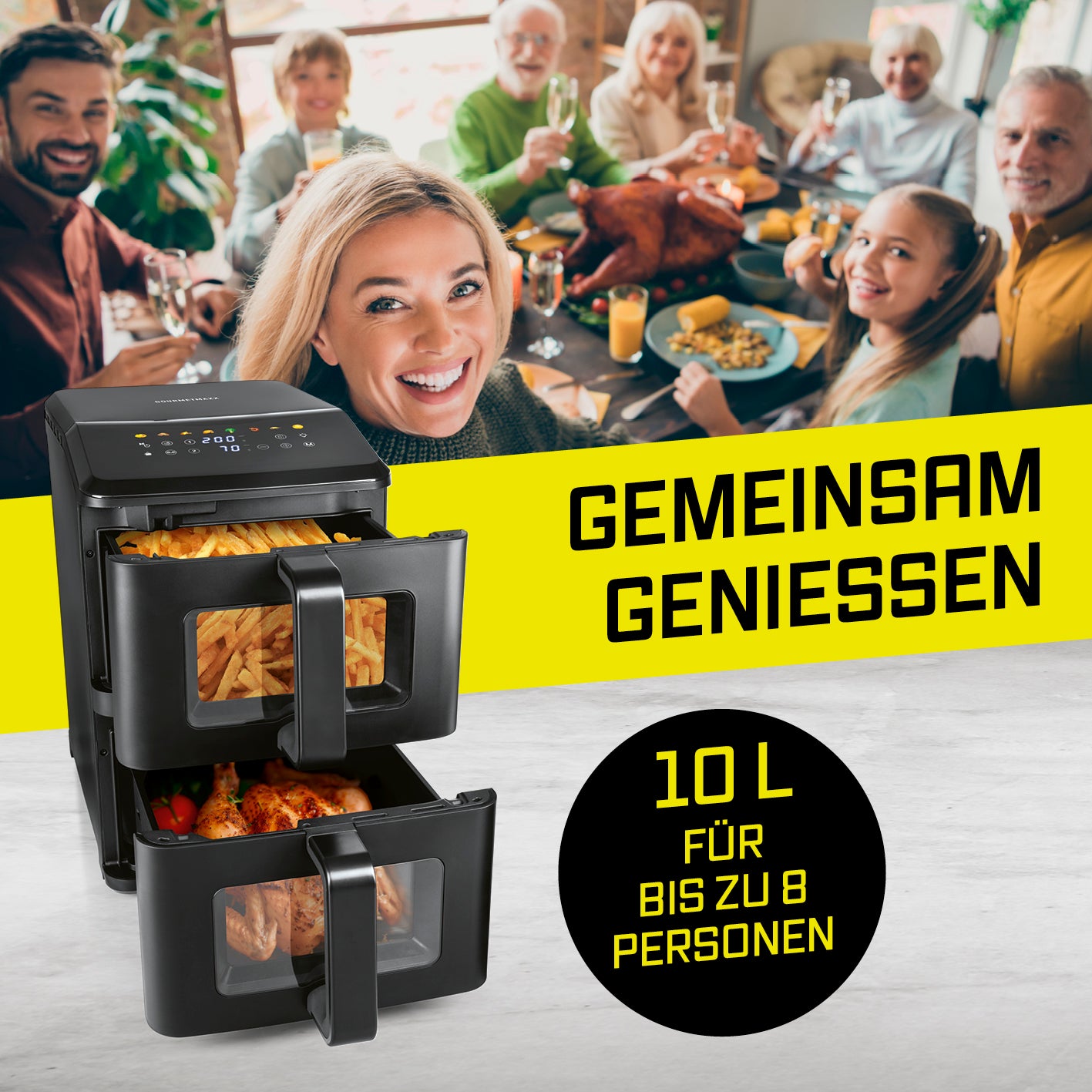 Vertikale Doppelkammer-Heißluftfritteuse mit Sichtfenster - 10 L zeigt Speisen für bis zu 8 Personen bei einer Familienfeier.