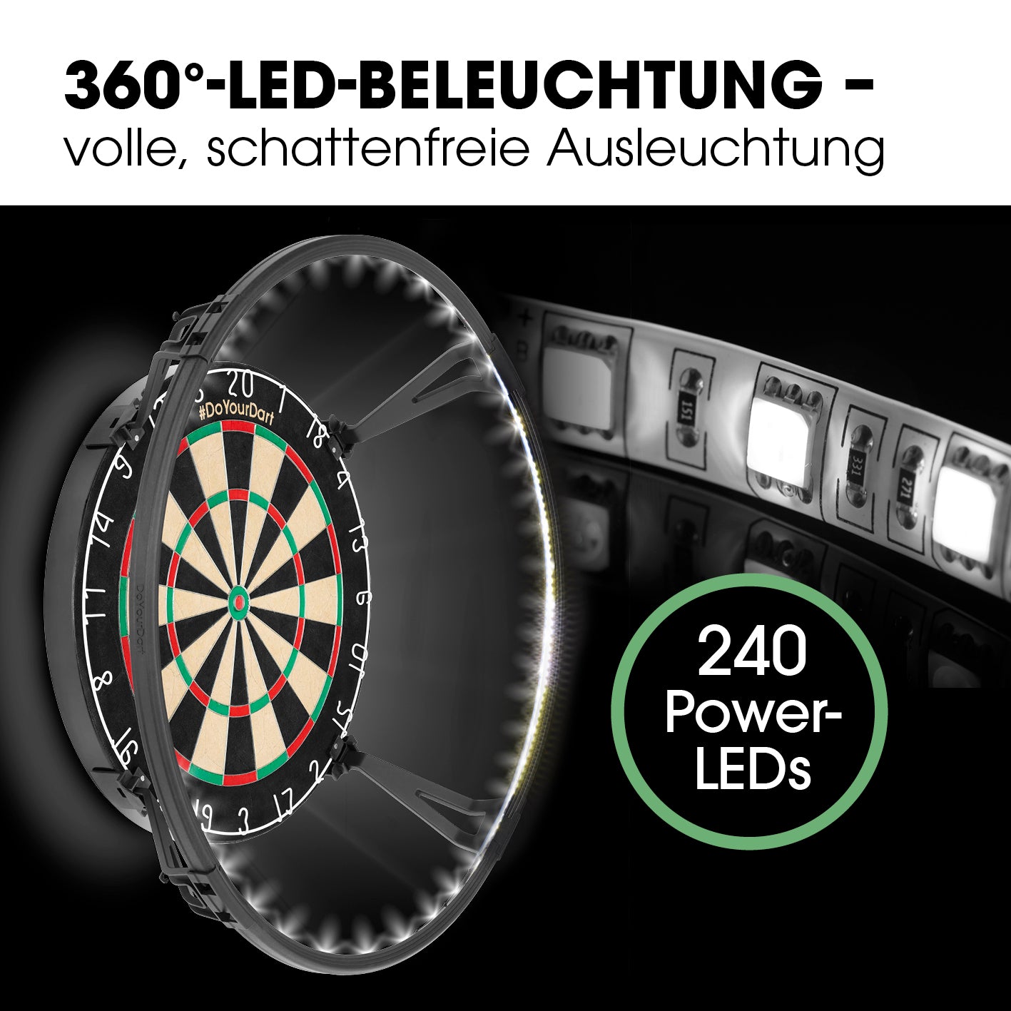 Dartscheiben-Beleuchtung mit 360°-LED-System und 240 LEDs für gleichmäßige, schattenfreie Ausleuchtung der Dartscheibe.