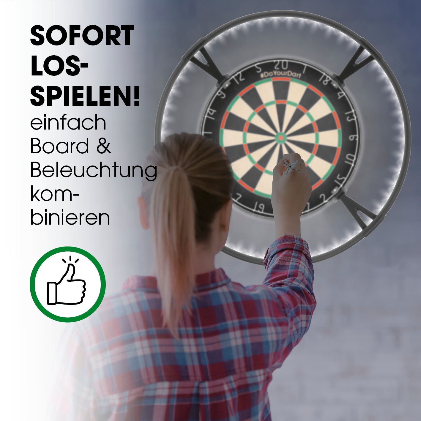 Dartscheiben-Beleuchtung mit 360° LED-System für gleichmäßige und schattenfreie Ausleuchtung der Dartscheibe beim Spielen.